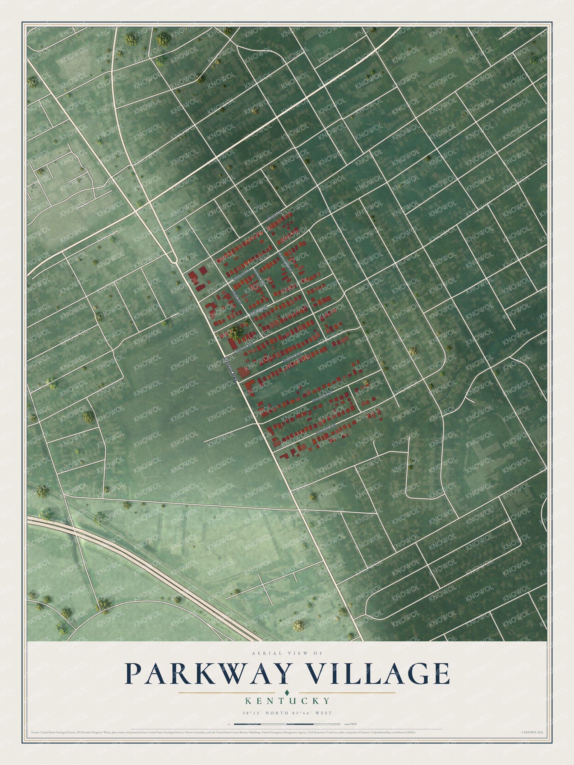 Full map of Parkway Village, Kentucky, with red buildings, printed street names and the land around them