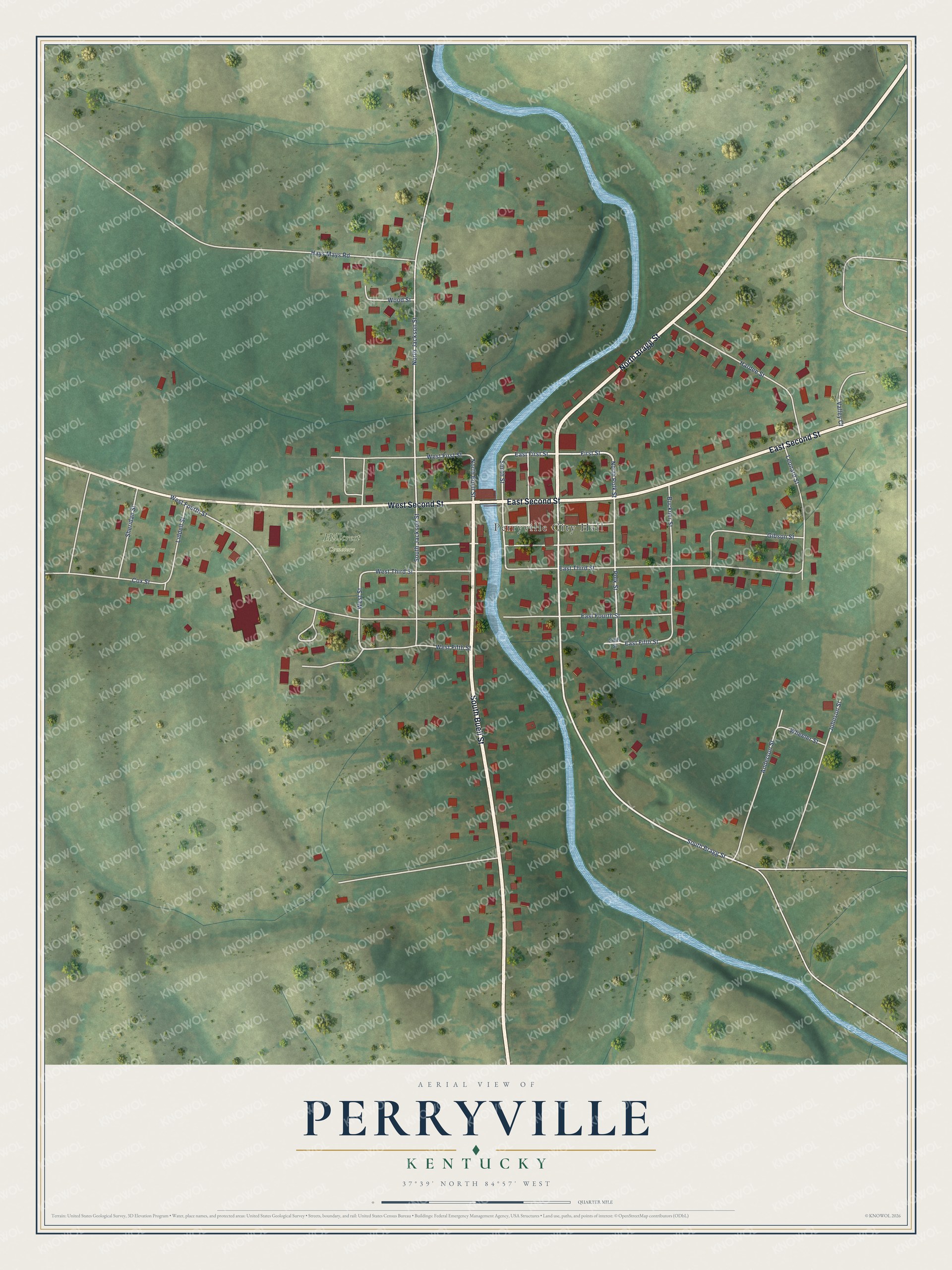 Full map of Perryville, Kentucky, with red buildings, printed street names and the land around them