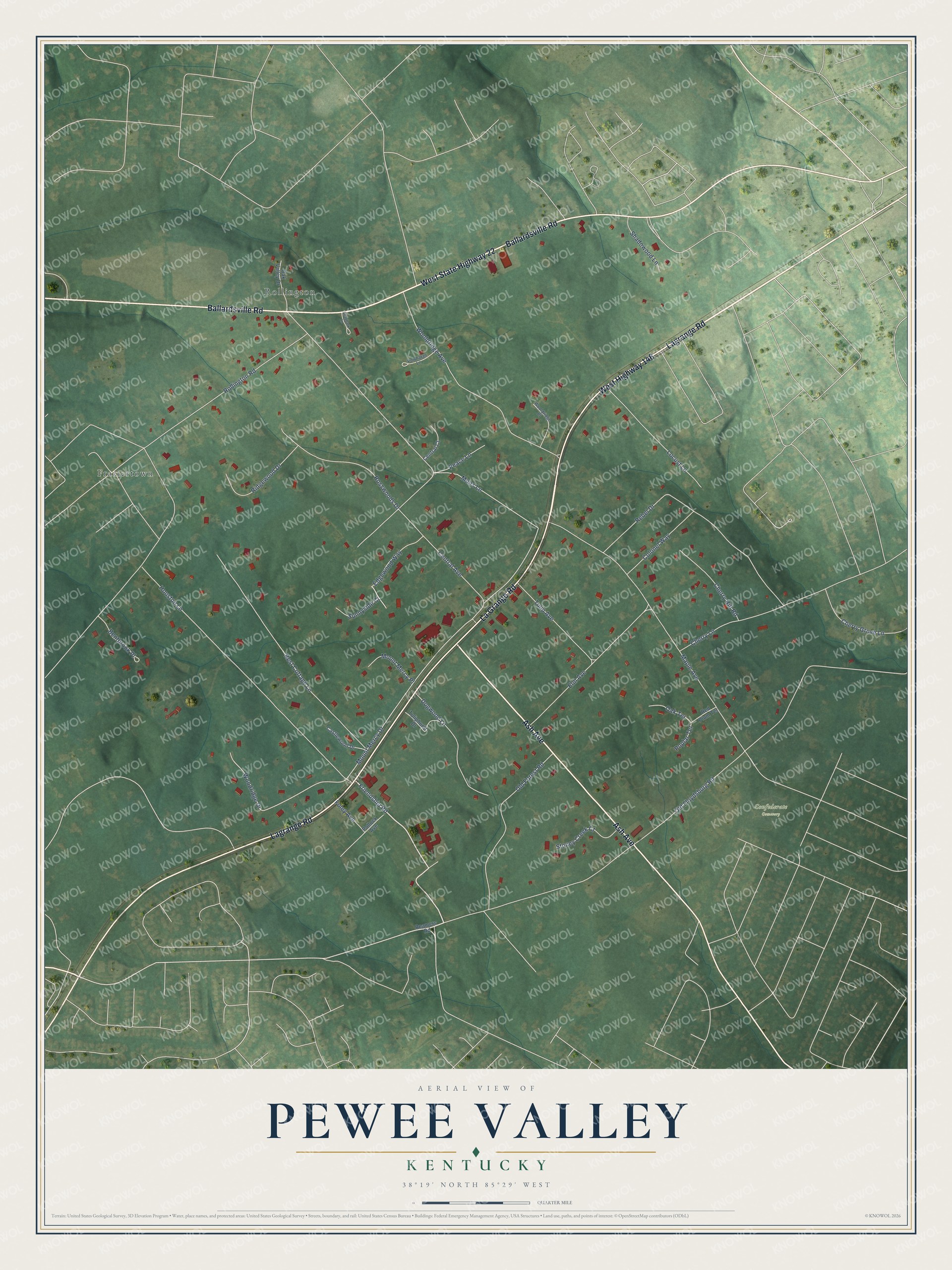 Full map of Pewee Valley, Kentucky, with red buildings, printed street names and the land around them