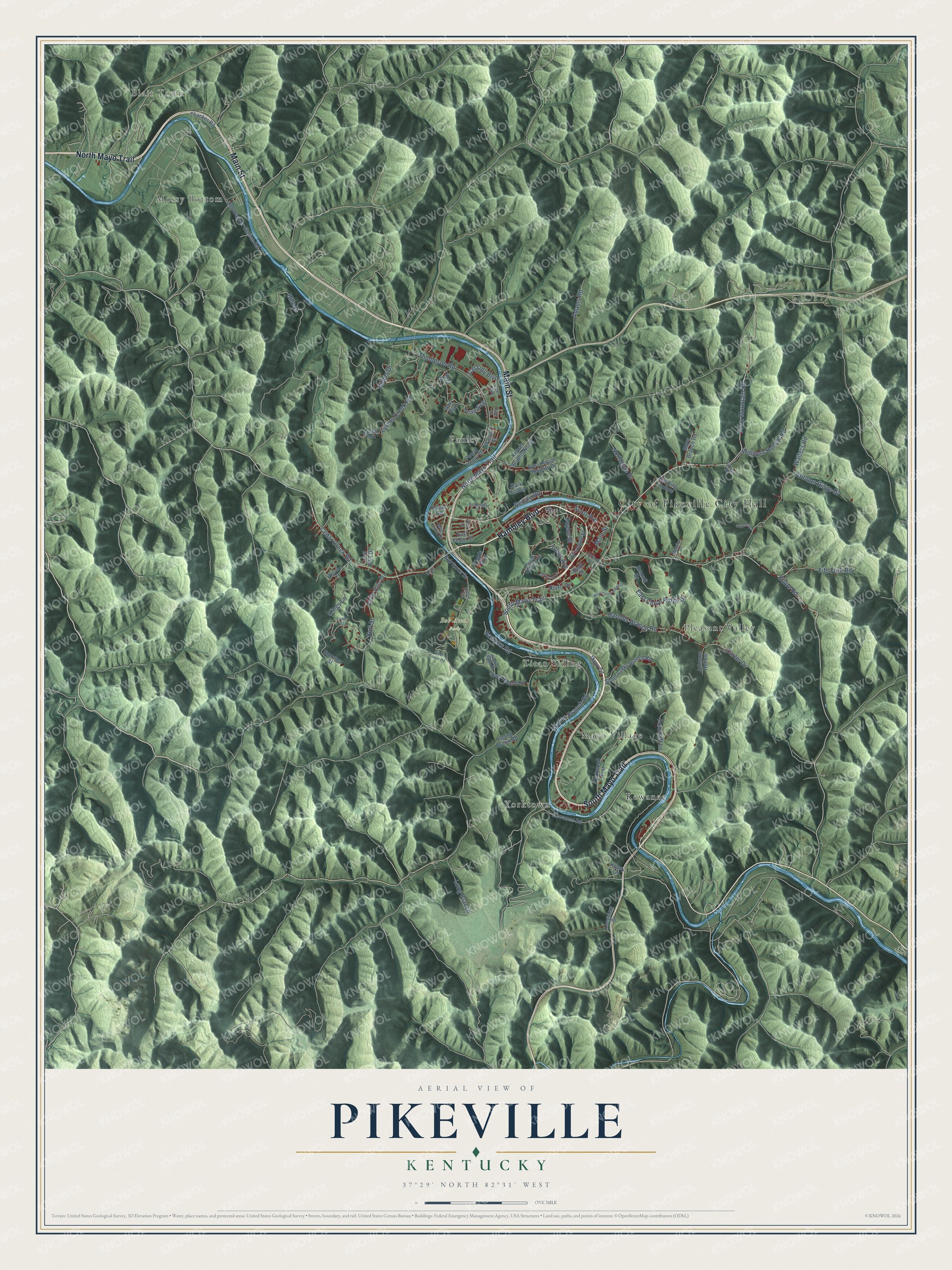 Full map of Pikeville, Kentucky, with red buildings, printed street names and the land around them