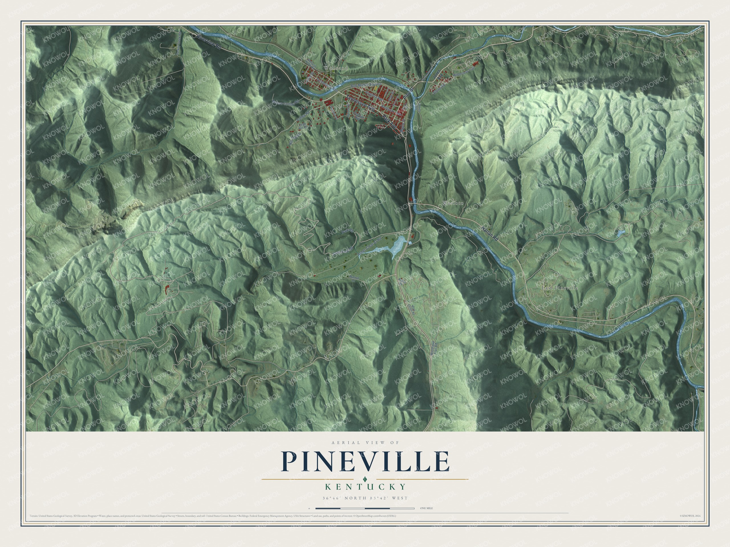 Full map of Pineville, Kentucky, with red buildings, printed street names and the land around them