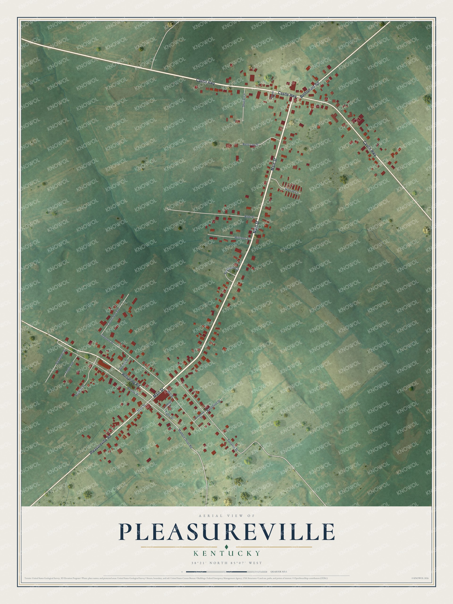 Full map of Pleasureville, Kentucky, with red buildings, printed street names and the land around them