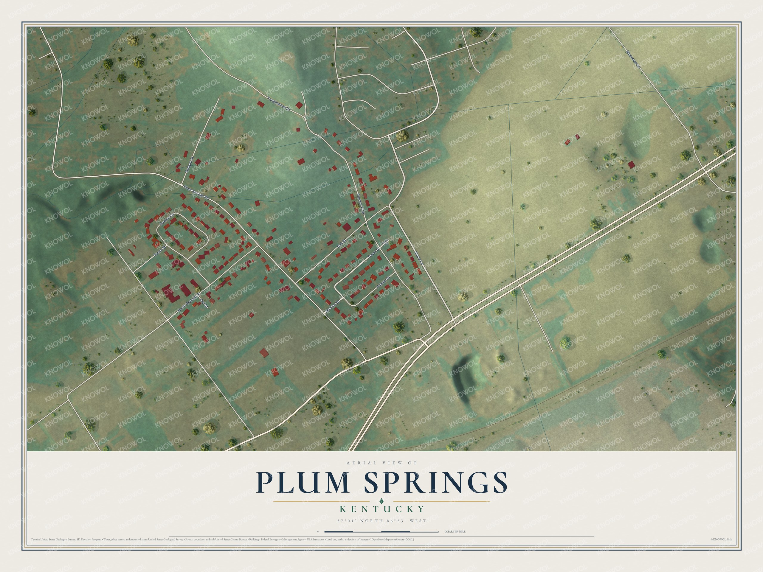 Full map of Plum Springs, Kentucky, with red buildings, printed street names and the land around them