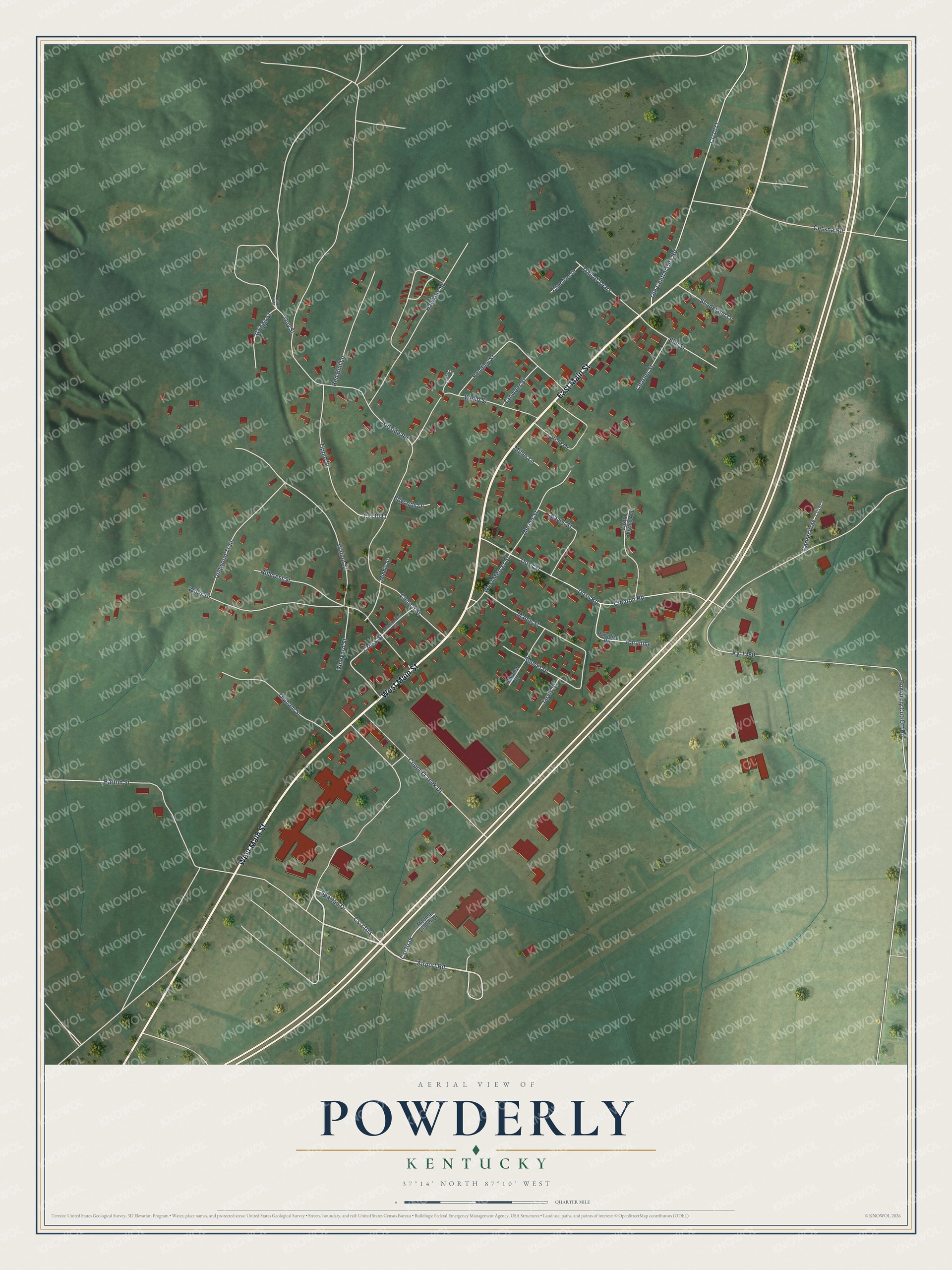 Full map of Powderly, Kentucky, with red buildings, printed street names and the land around them
