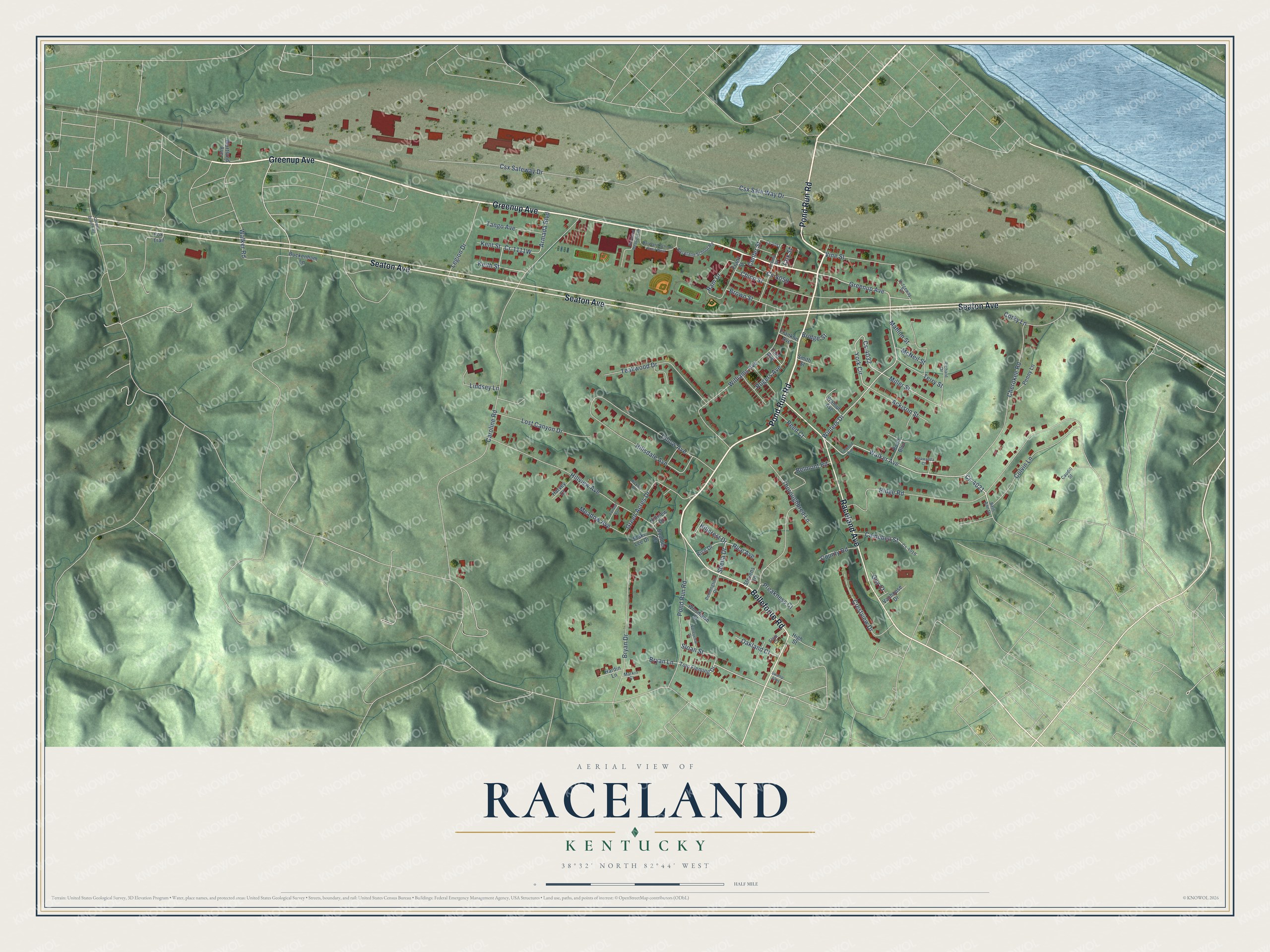 Full map of Raceland, Kentucky, with red buildings, printed street names and the land around them
