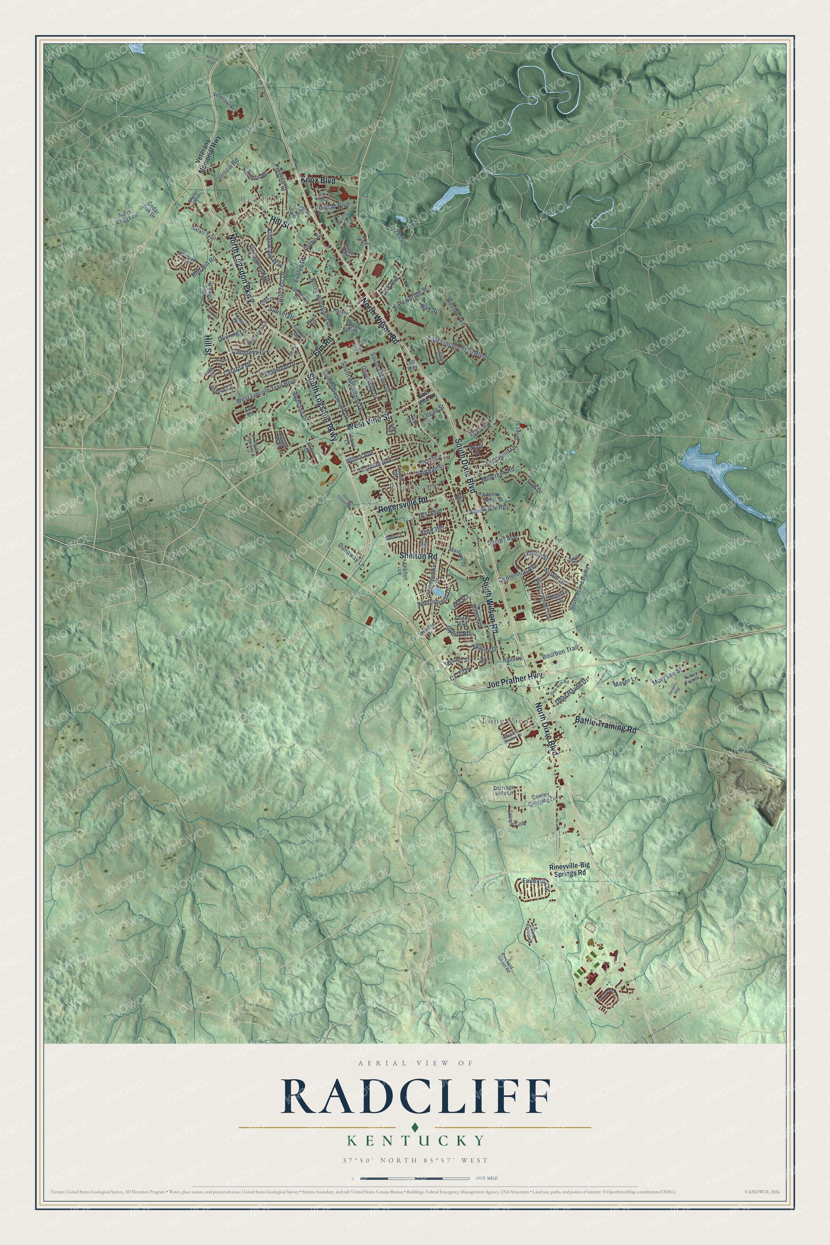 Full map of Radcliff, Kentucky, with red buildings, printed street names and the land around them