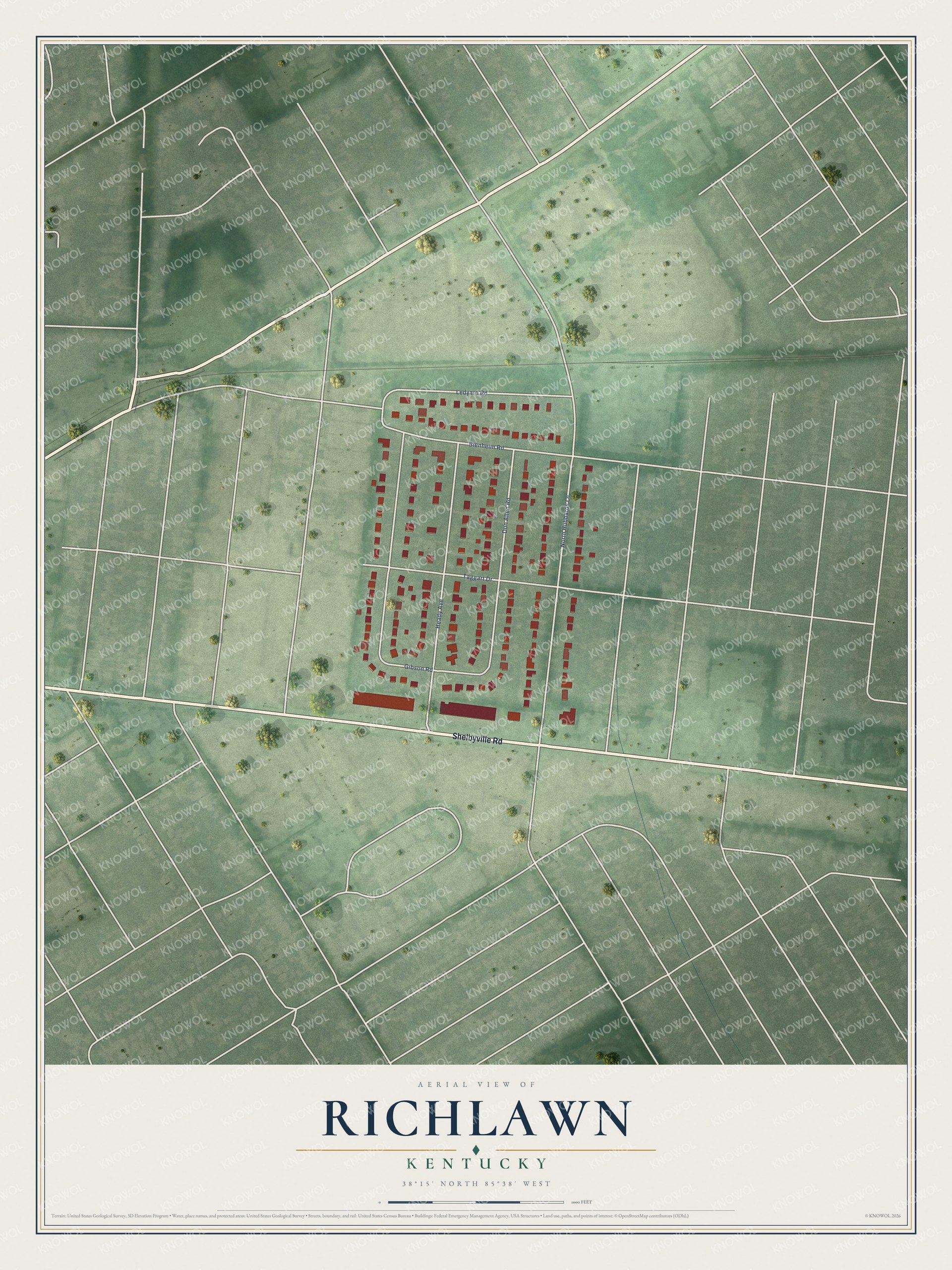 Full map of Richlawn, Kentucky, with red buildings, printed street names and the land around them