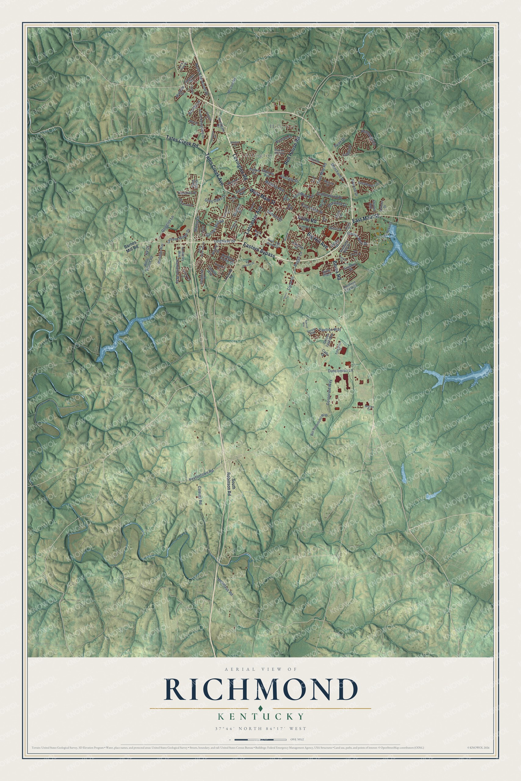 Full map of Richmond, Kentucky, with red buildings, printed street names and the land around them