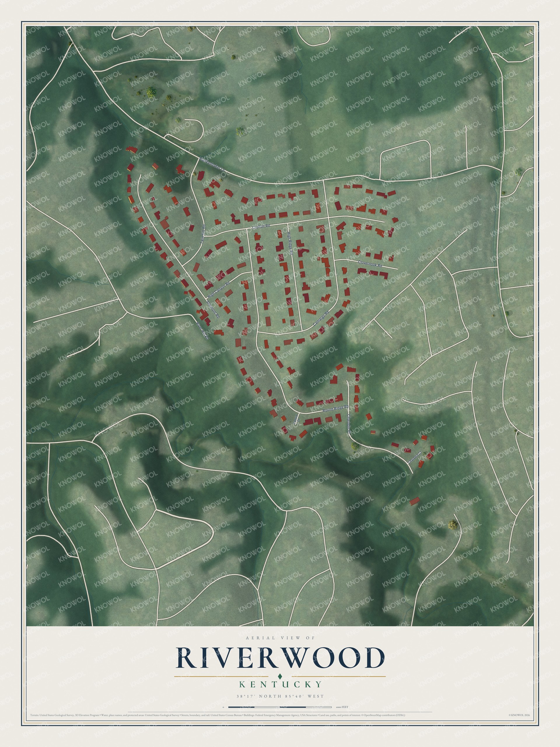Full map of Riverwood, Kentucky, with red buildings, printed street names and the land around them