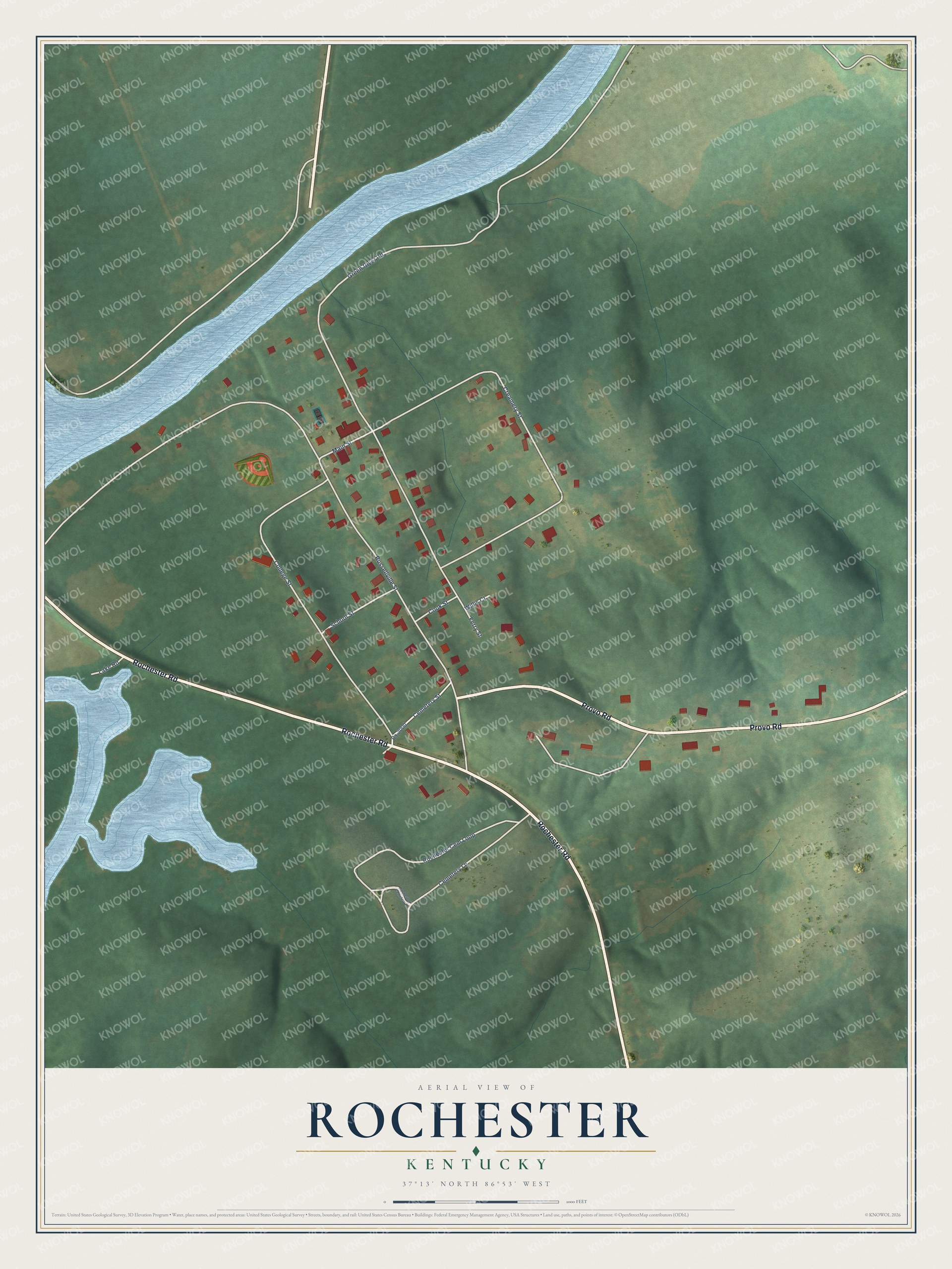 Full map of Rochester, Kentucky, with red buildings, printed street names and the land around them