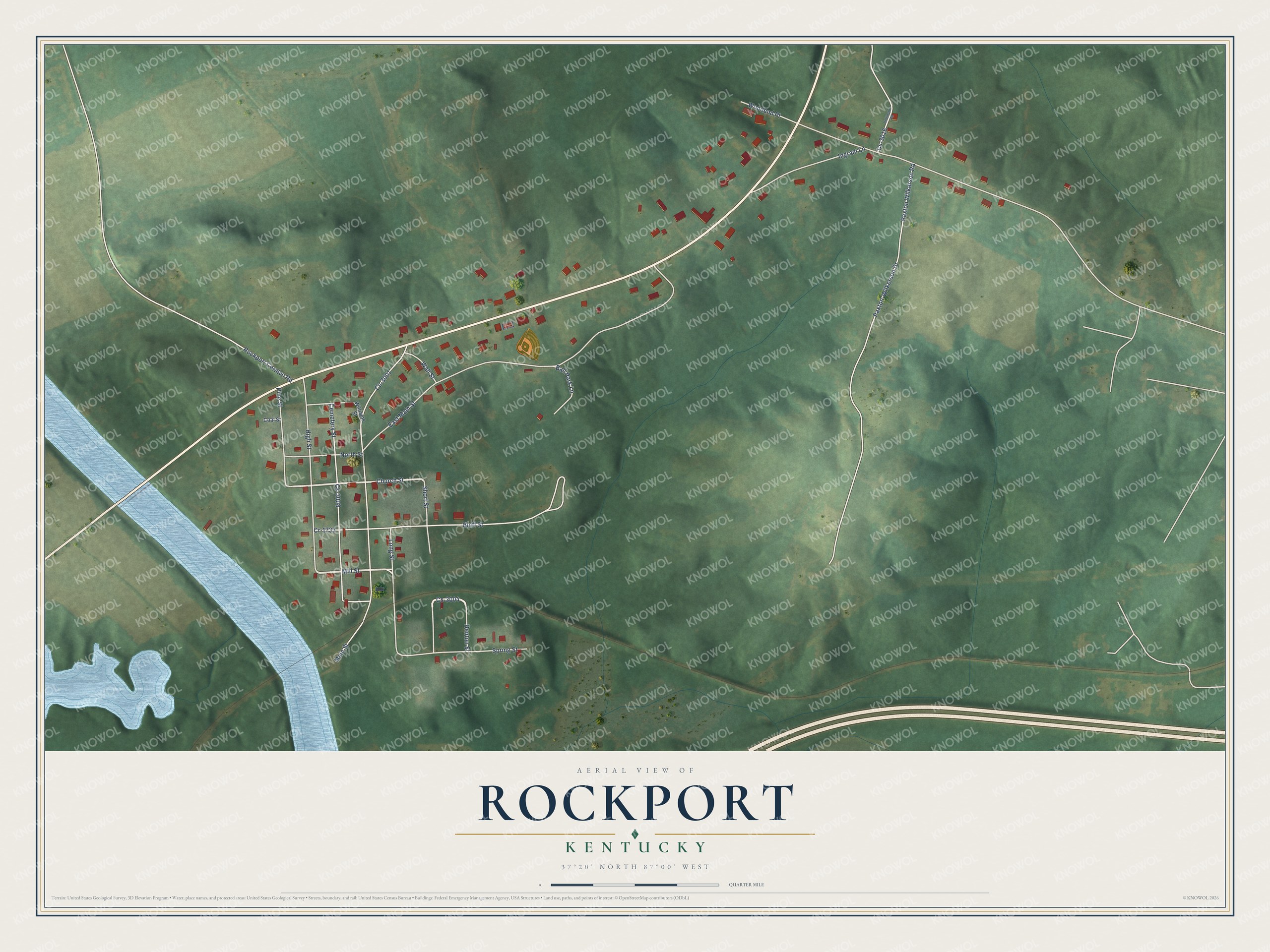 Full map of Rockport, Kentucky, with red buildings, printed street names and the land around them