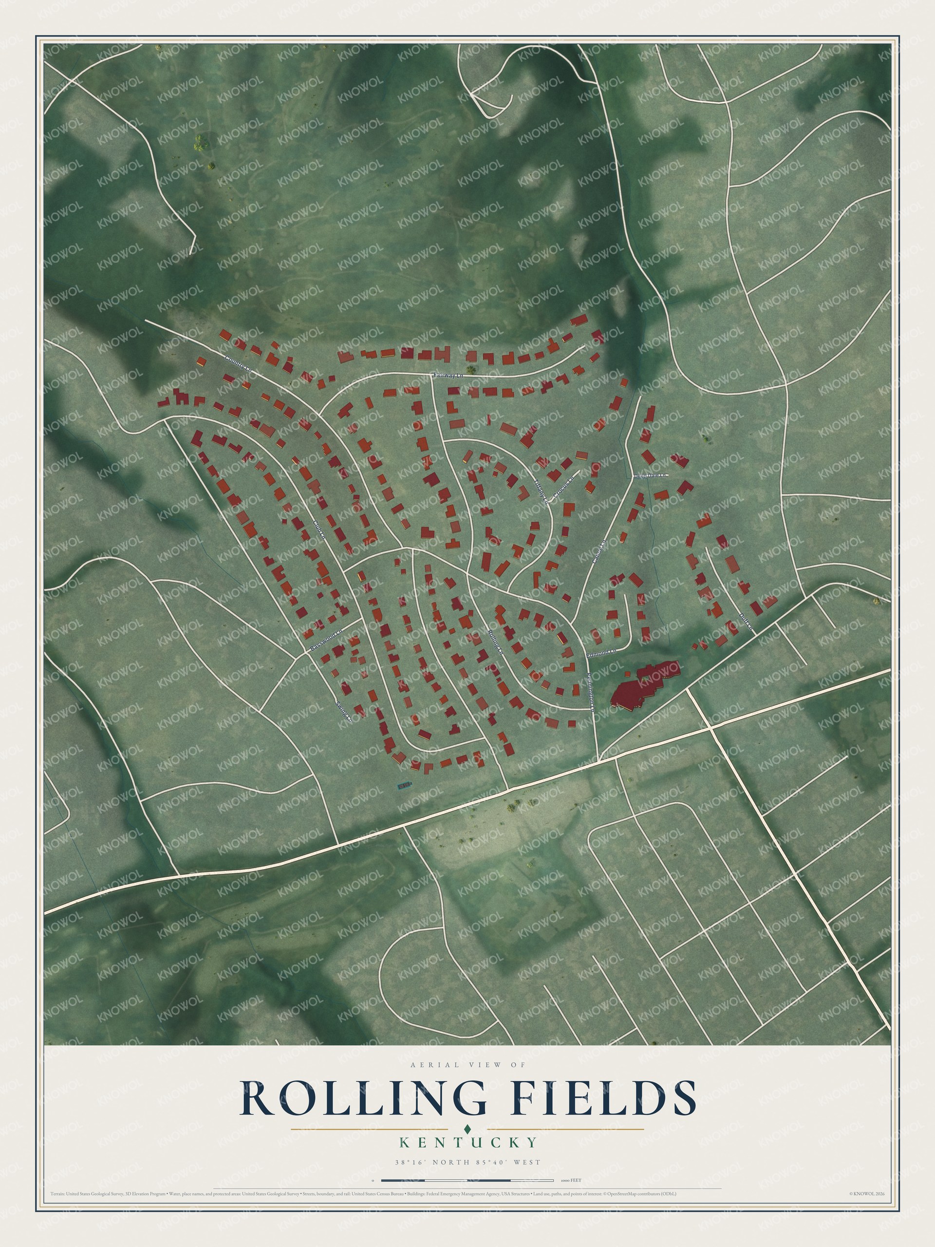 Full map of Rolling Fields, Kentucky, with red buildings, printed street names and the land around them