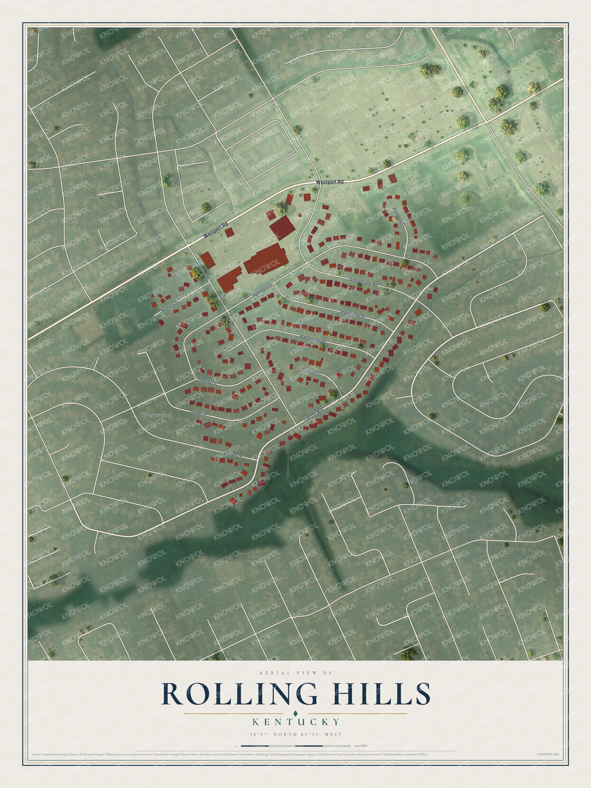 Full map of Rolling Hills, Kentucky, with red buildings, printed street names and the land around them