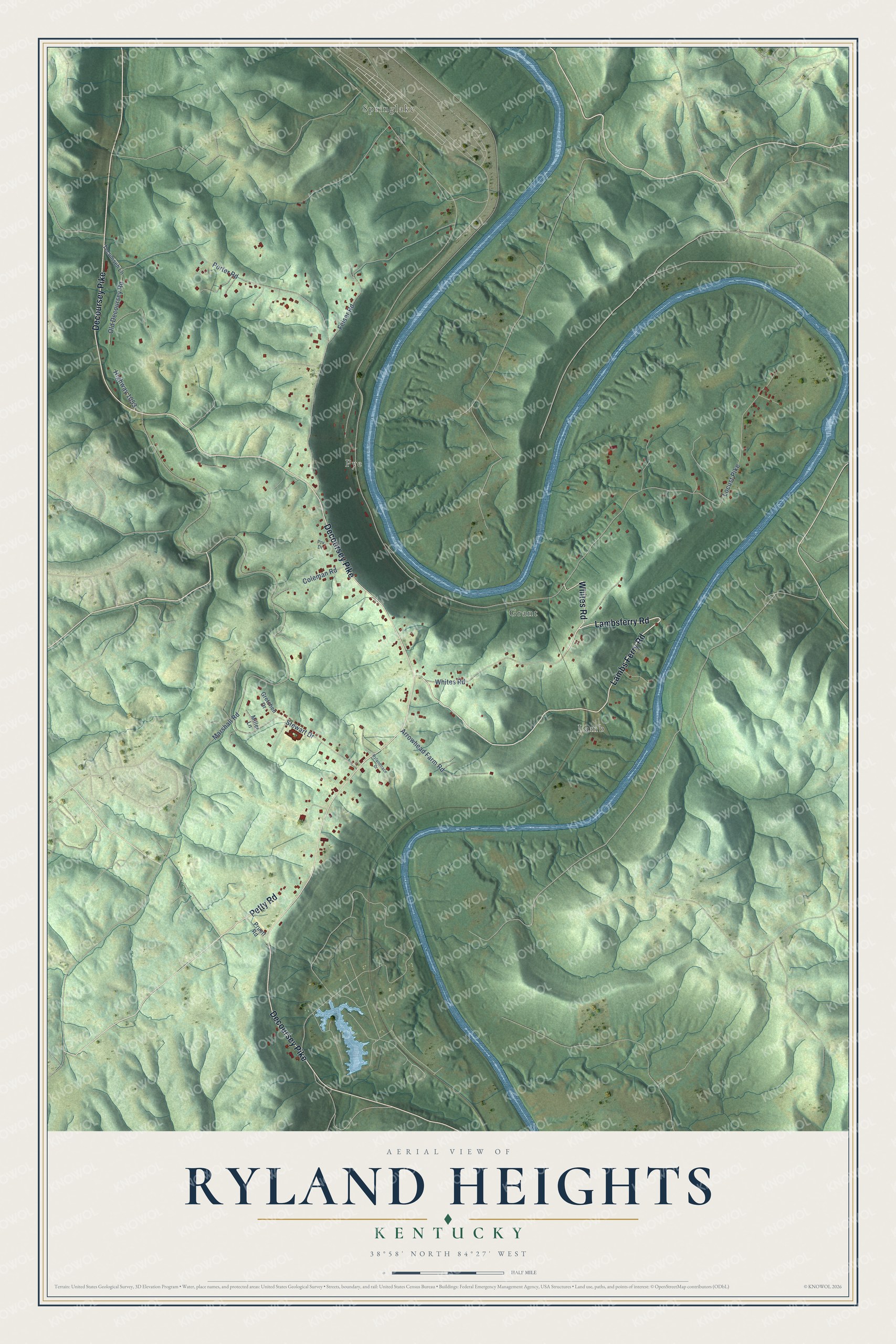 Full map of Ryland Heights, Kentucky, with red buildings, printed street names and the land around them