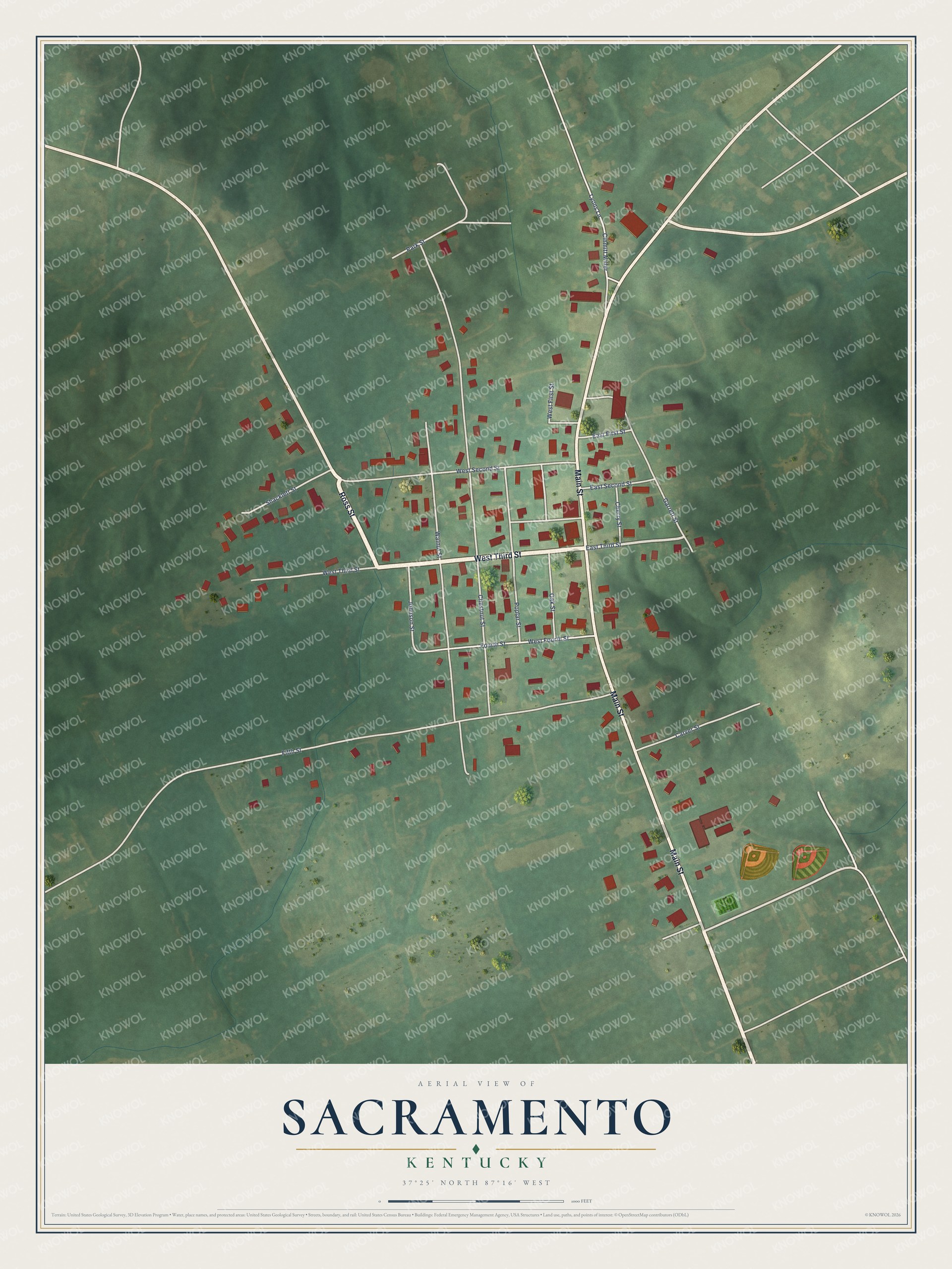Full map of Sacramento, Kentucky, with red buildings, printed street names and the land around them