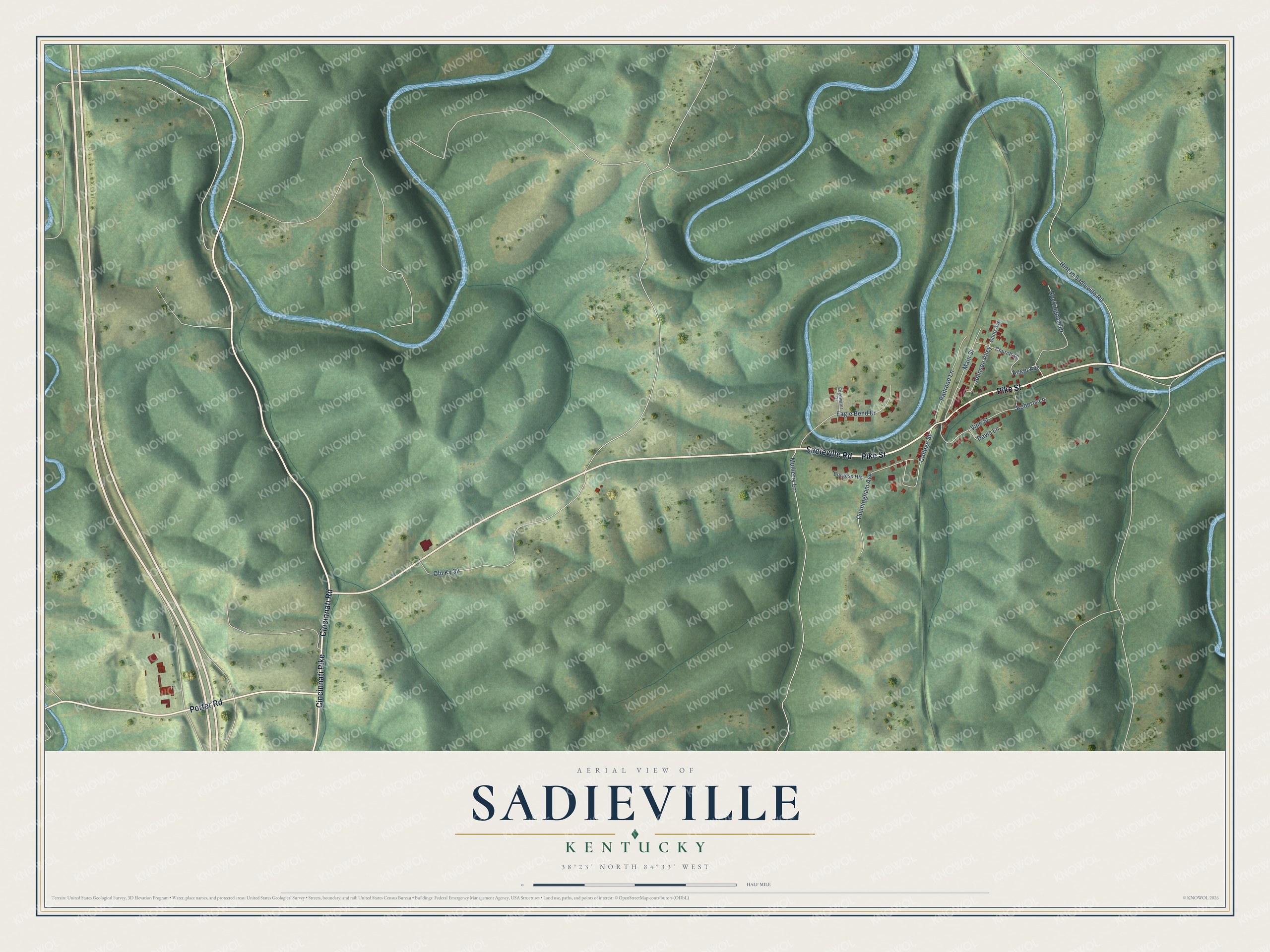 Full map of Sadieville, Kentucky, with red buildings, printed street names and the land around them