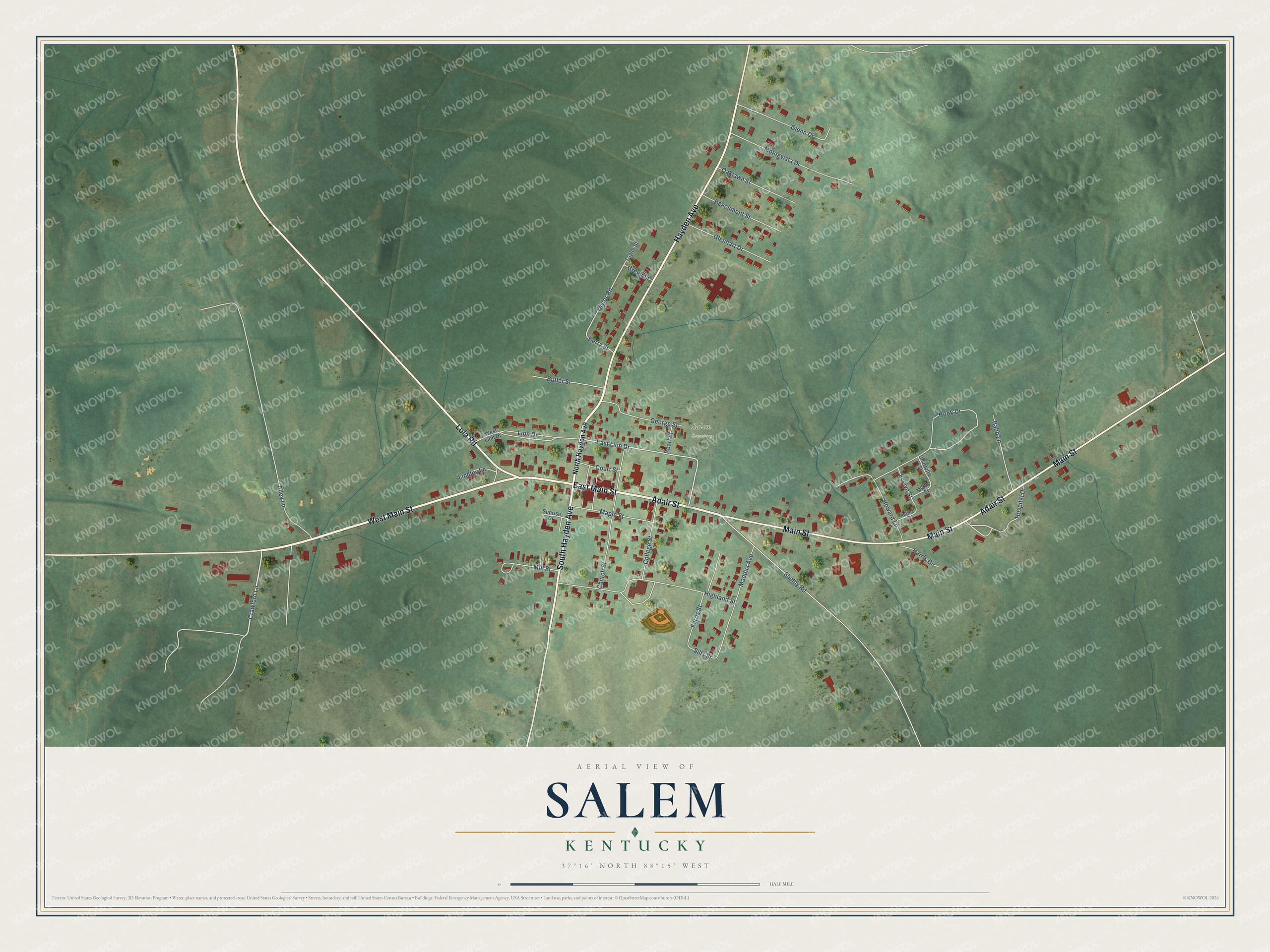 Full map of Salem, Kentucky, with red buildings, printed street names and the land around them