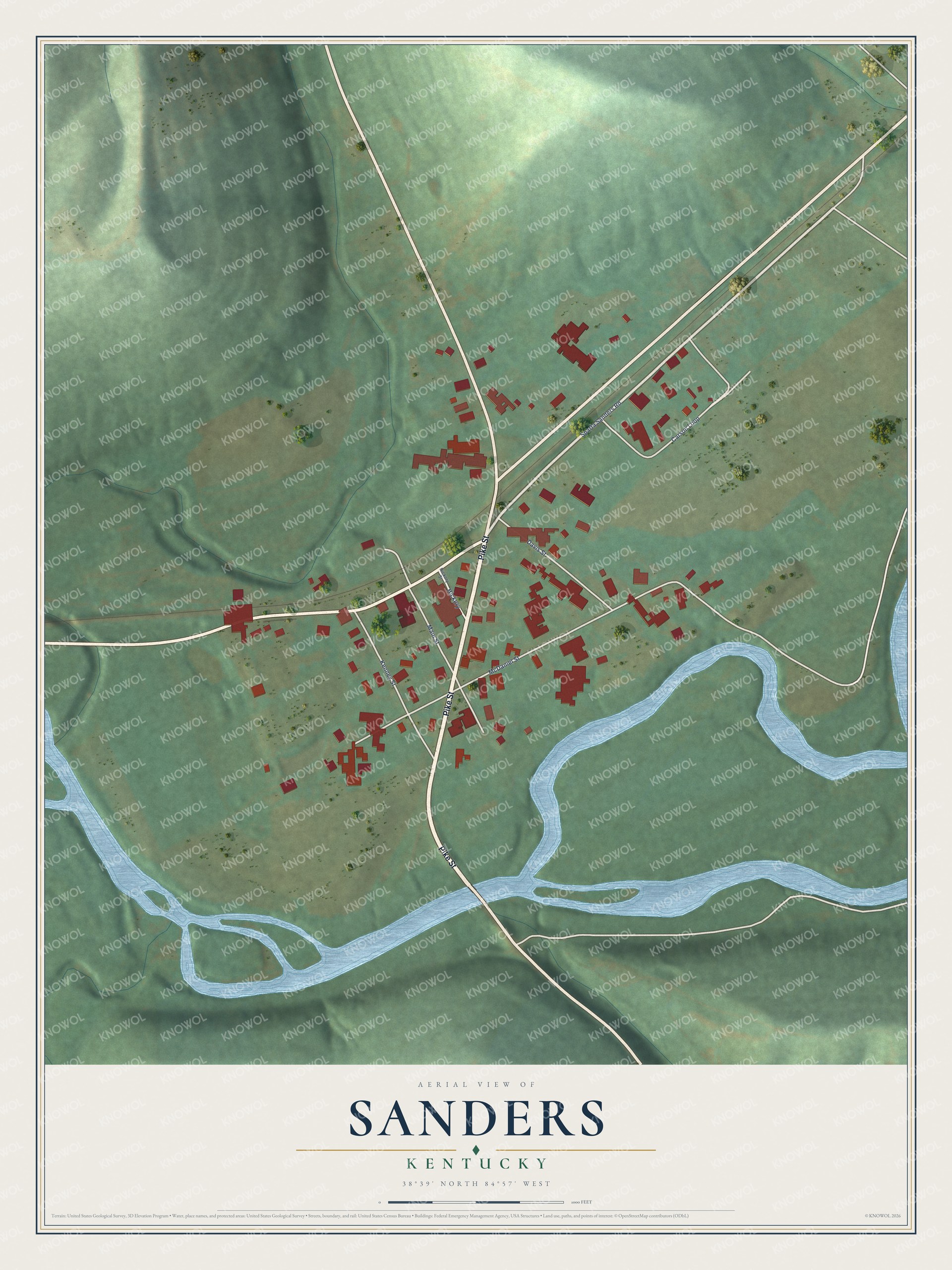 Full map of Sanders, Kentucky, with red buildings, printed street names and the land around them