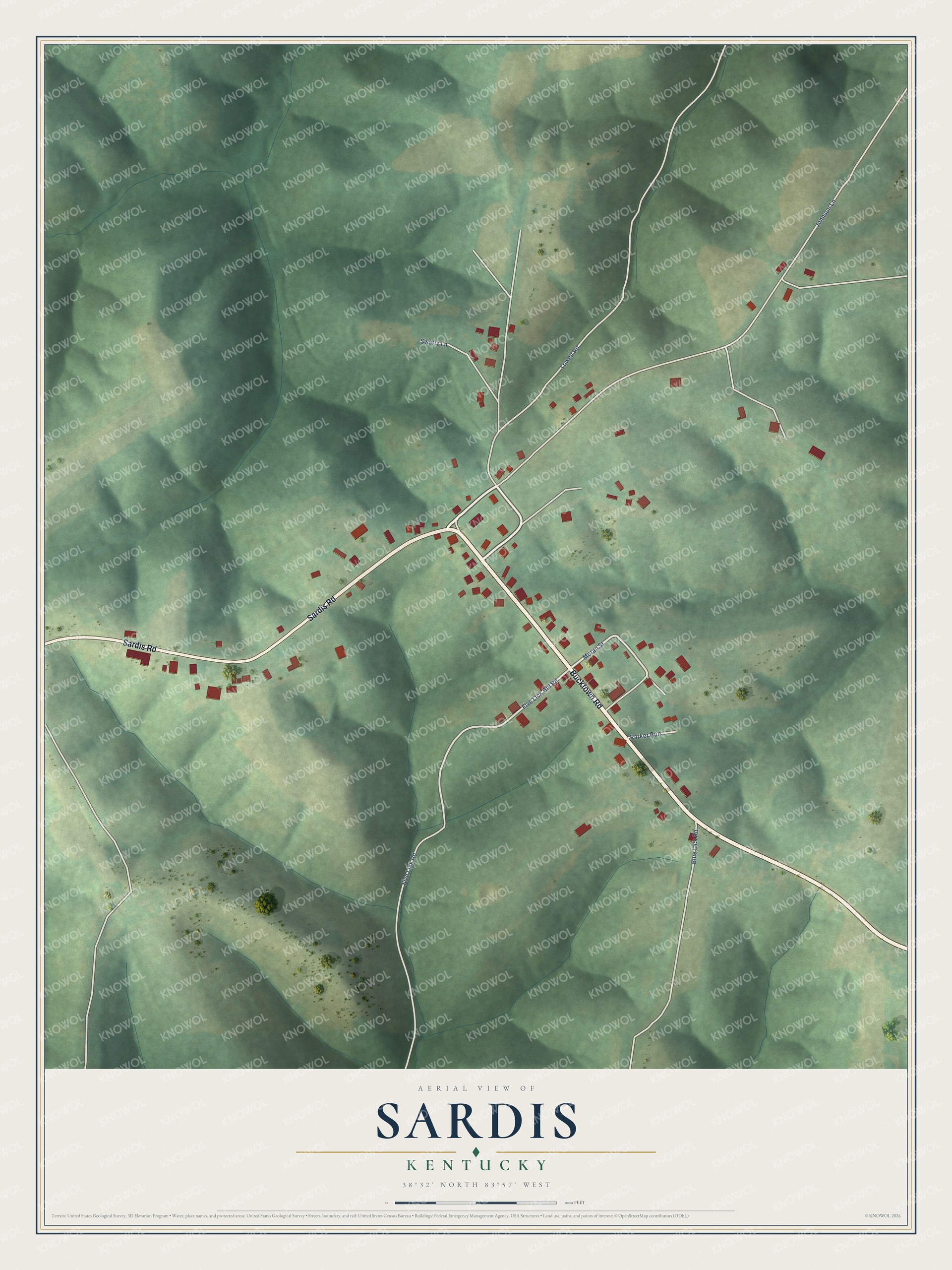Full map of Sardis, Kentucky, with red buildings, printed street names and the land around them