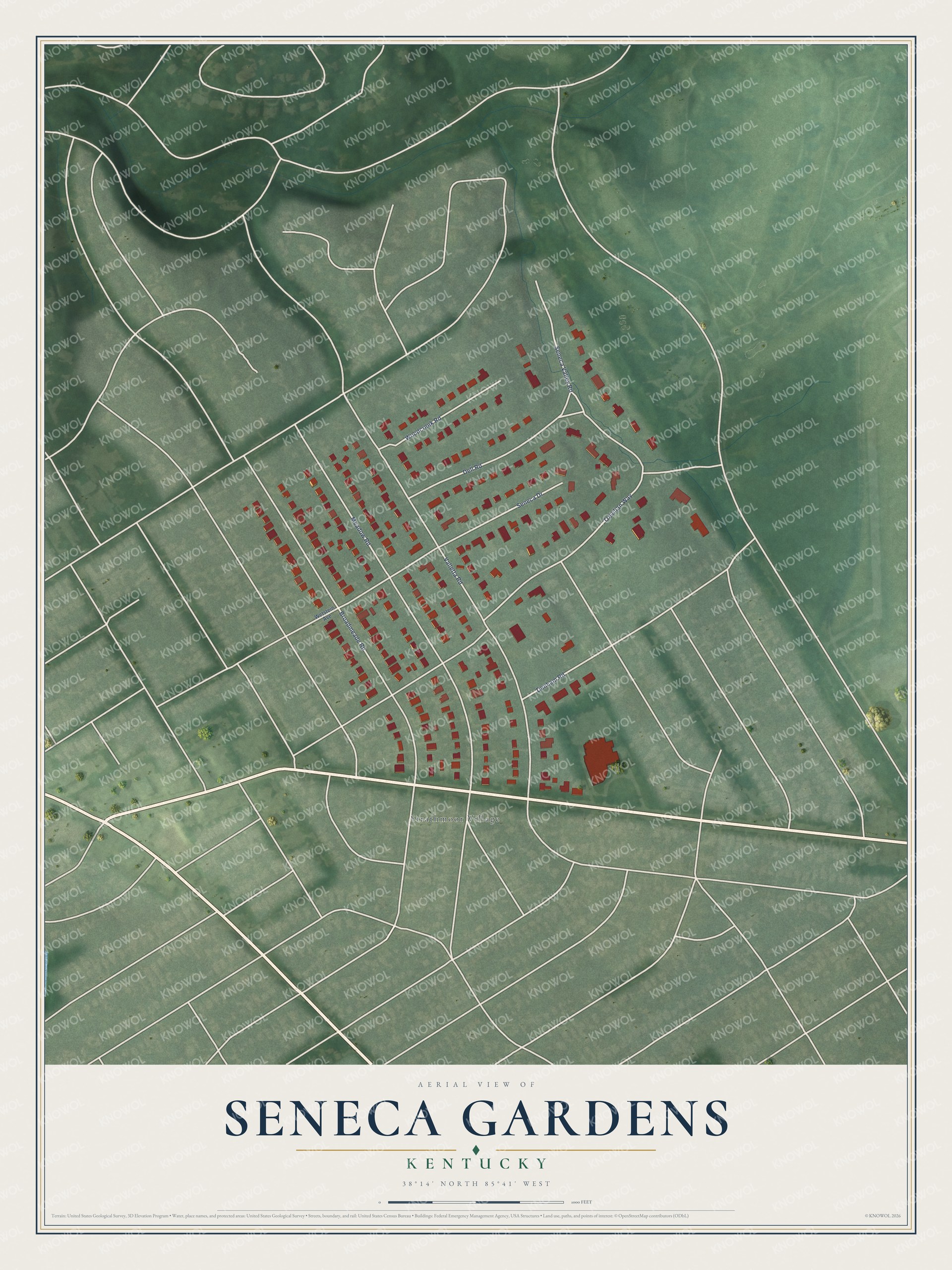 Full map of Seneca Gardens, Kentucky, with red buildings, printed street names and the land around them