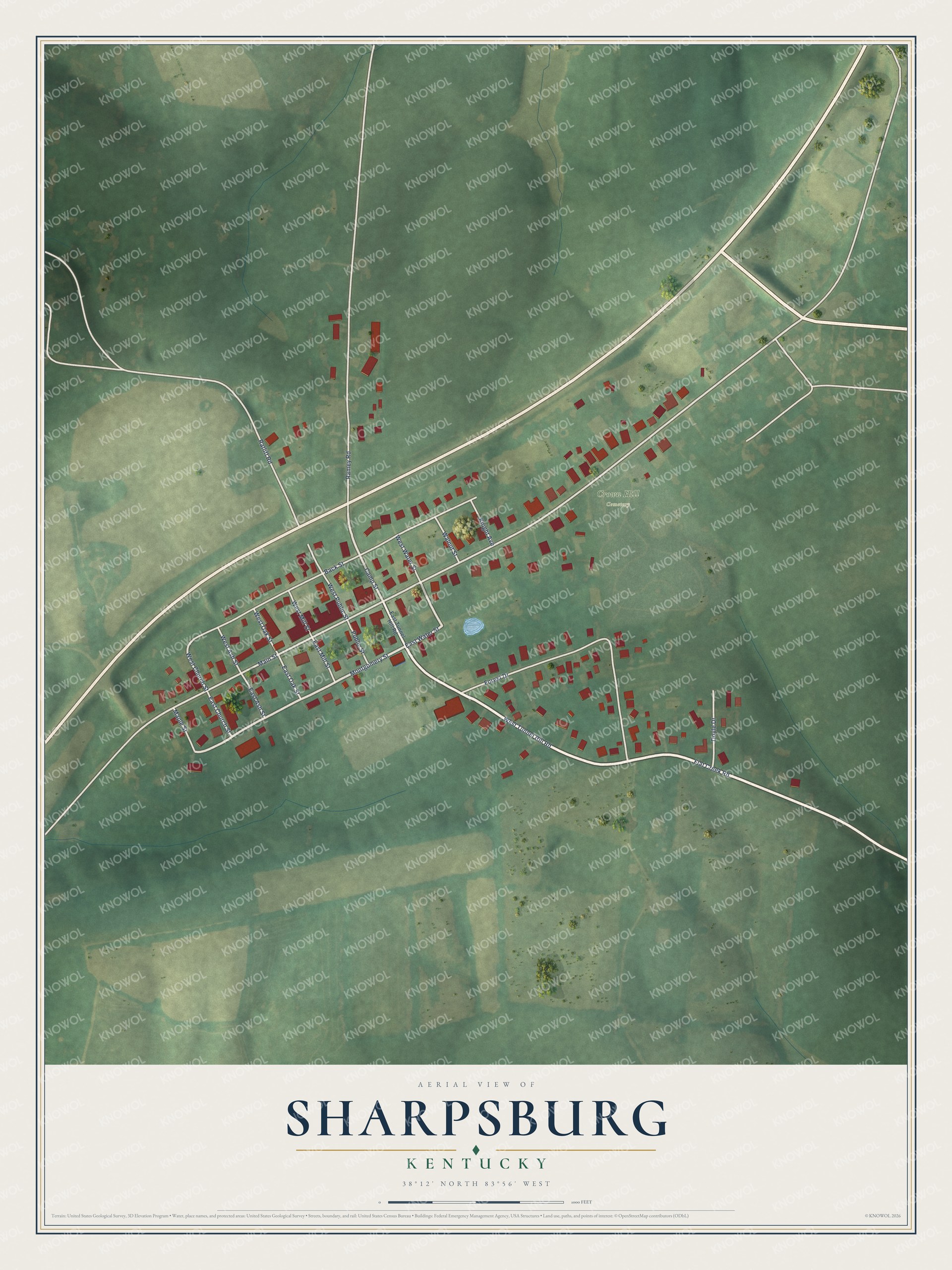 Full map of Sharpsburg, Kentucky, with red buildings, printed street names and the land around them