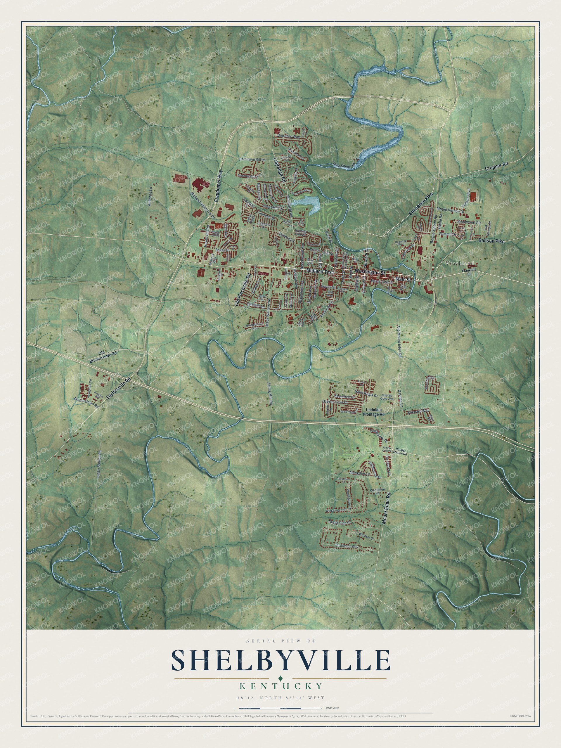 Full map of Shelbyville, Kentucky, with red buildings, printed street names and the land around them