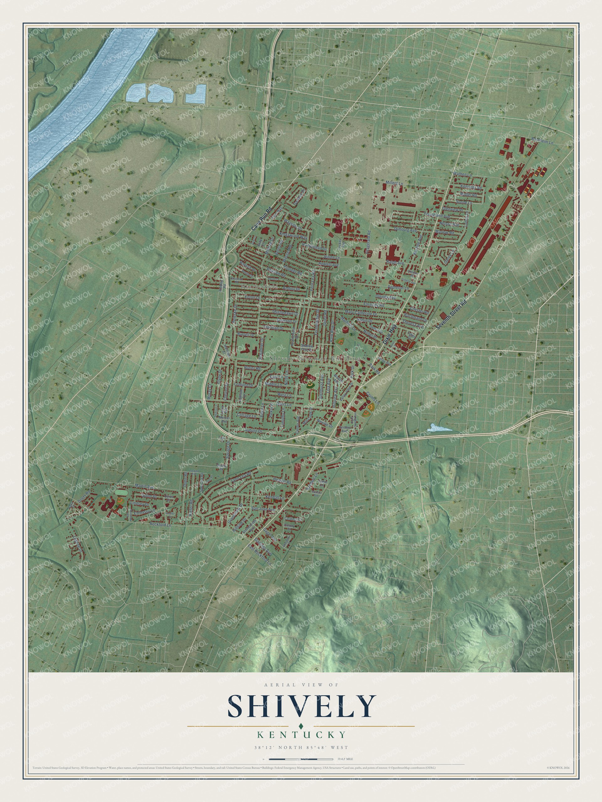 Full map of Shively, Kentucky, with red buildings, printed street names and the land around them