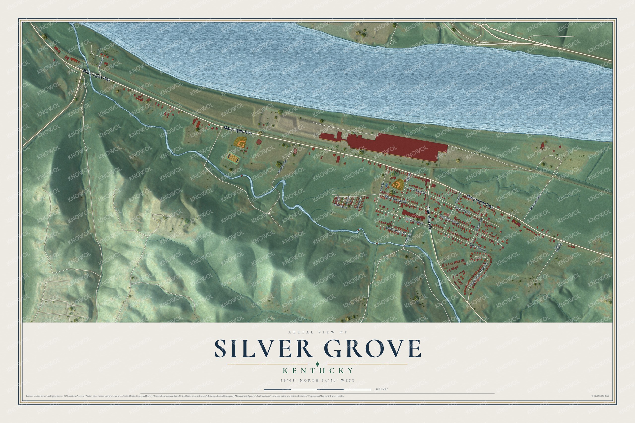 Full map of Silver Grove, Kentucky, with red buildings, printed street names and the land around them