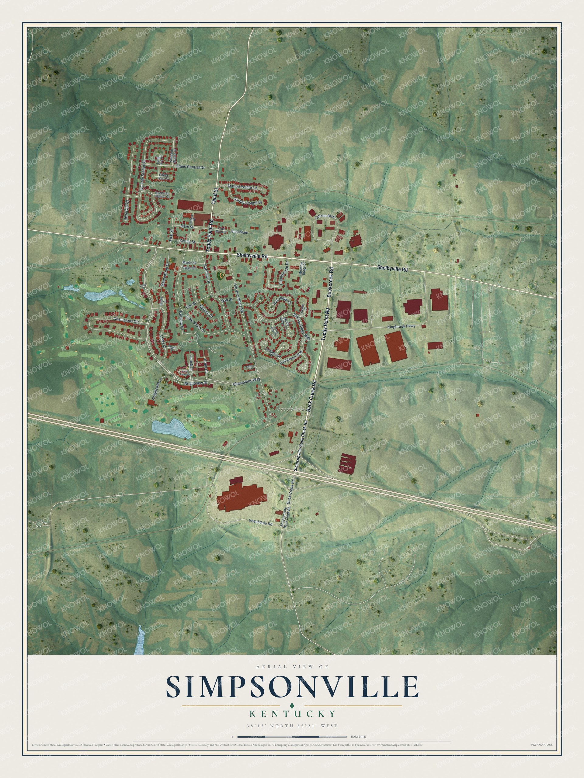 Full map of Simpsonville, Kentucky, with red buildings, printed street names and the land around them
