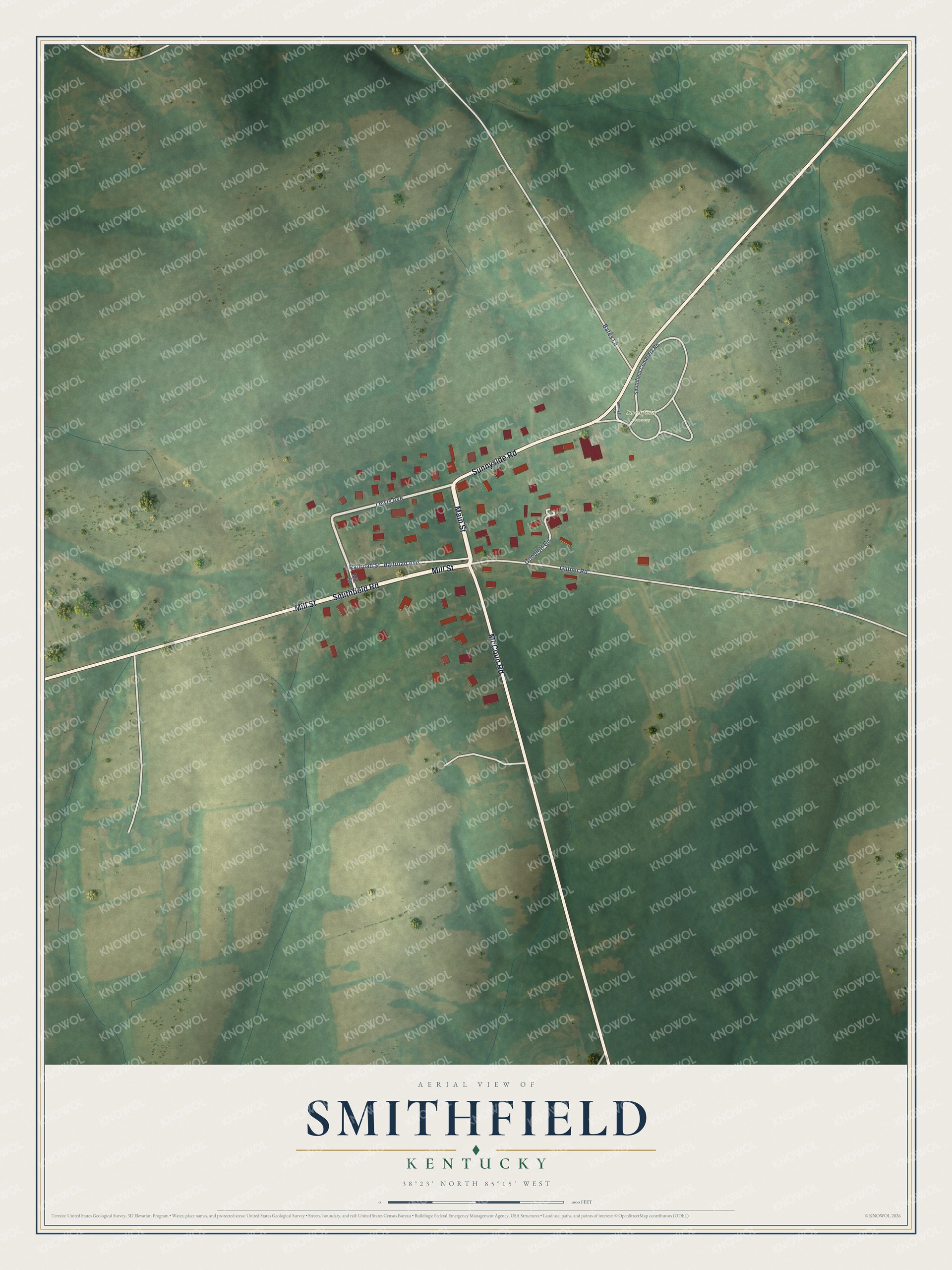 Full map of Smithfield, Kentucky, with red buildings, printed street names and the land around them