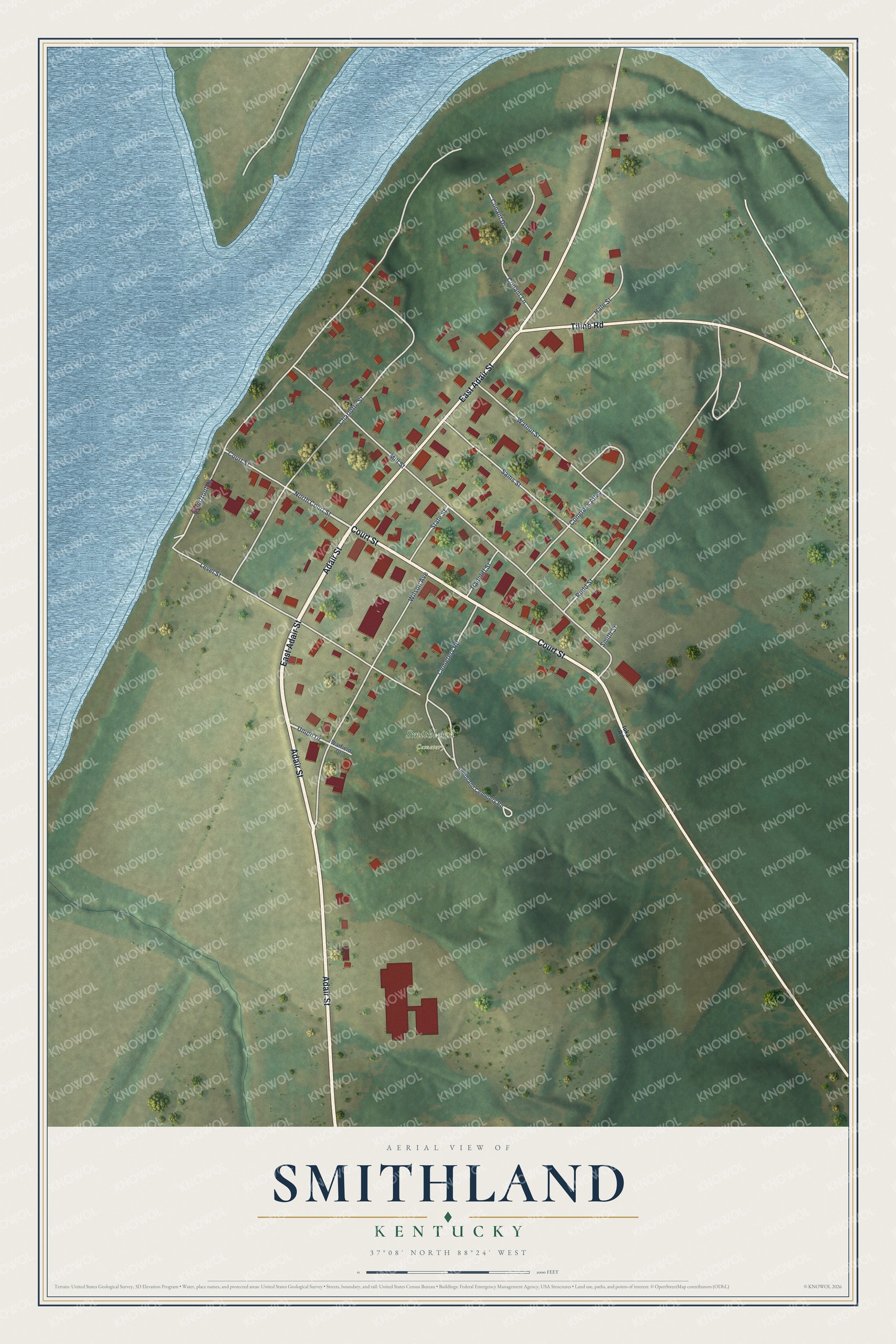 Full map of Smithland, Kentucky, with red buildings, printed street names and the land around them