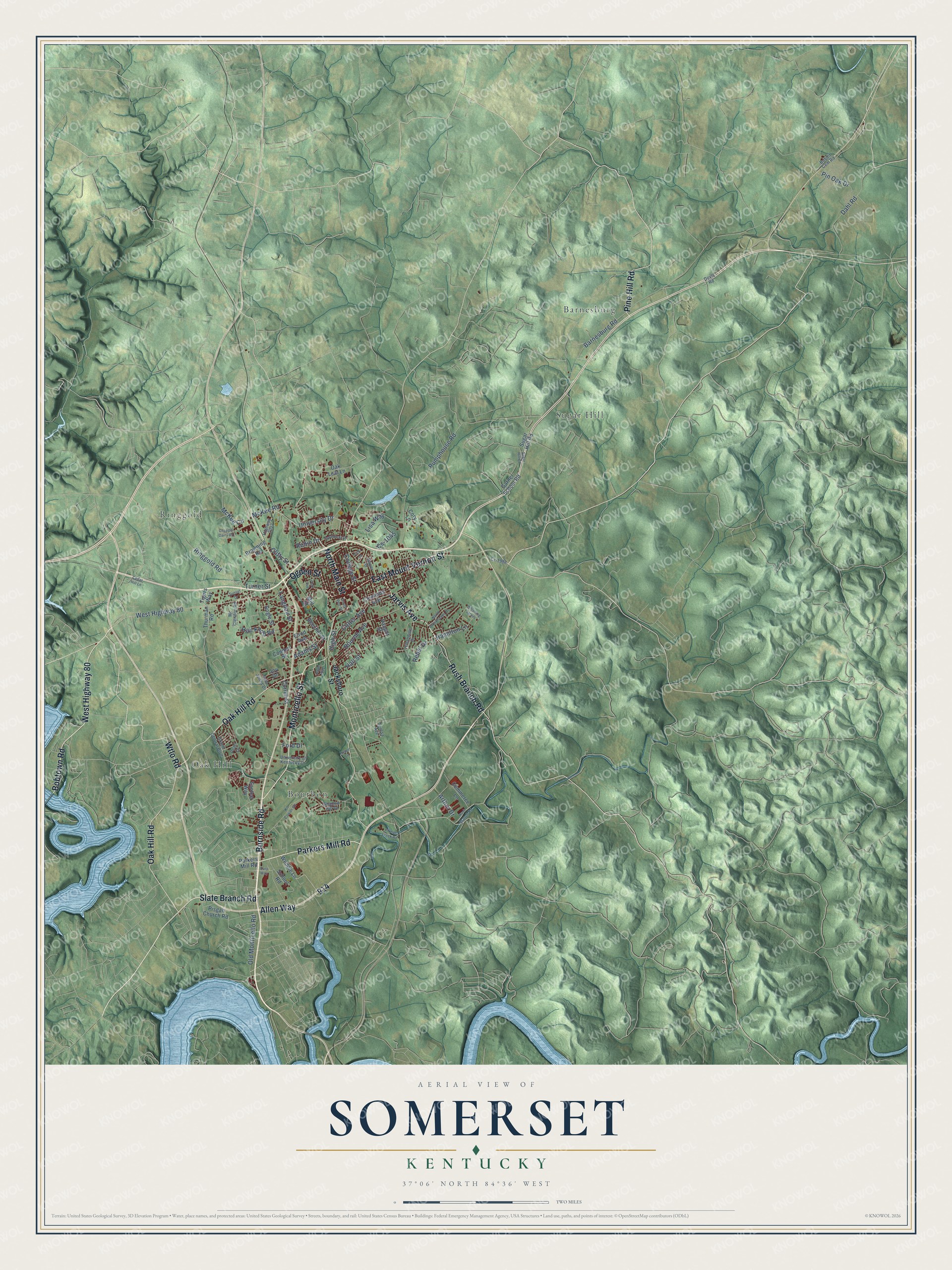 Full map of Somerset, Kentucky, with red buildings, printed street names and the land around them