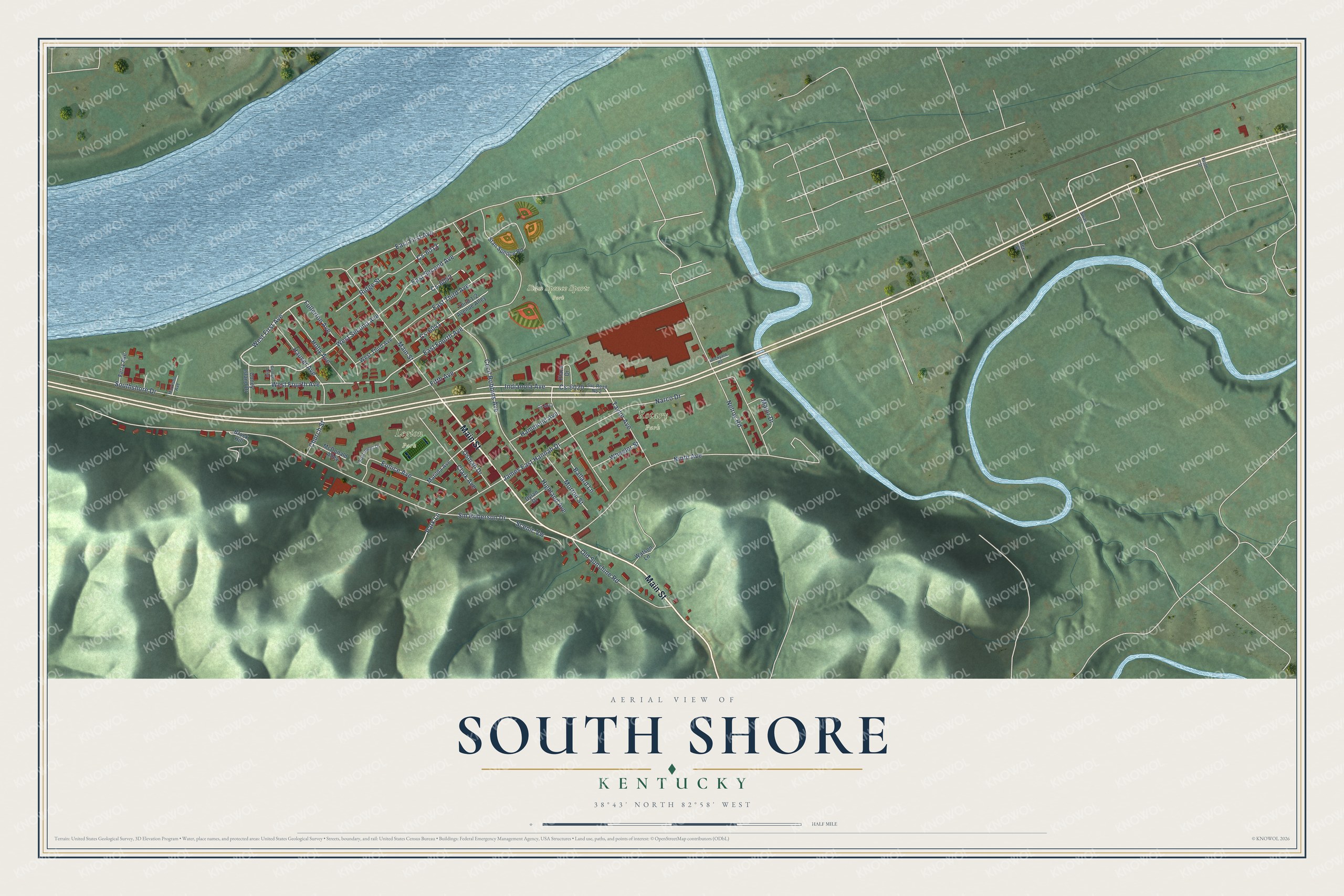 Full map of South Shore, Kentucky, with red buildings, printed street names and the land around them