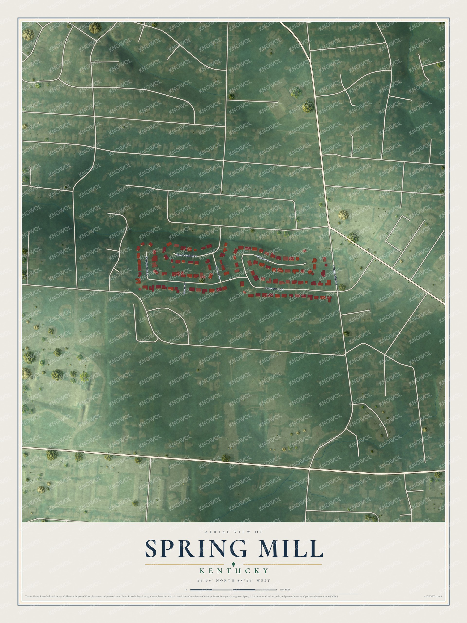 Full map of Spring Mill, Kentucky, with red buildings, printed street names and the land around them