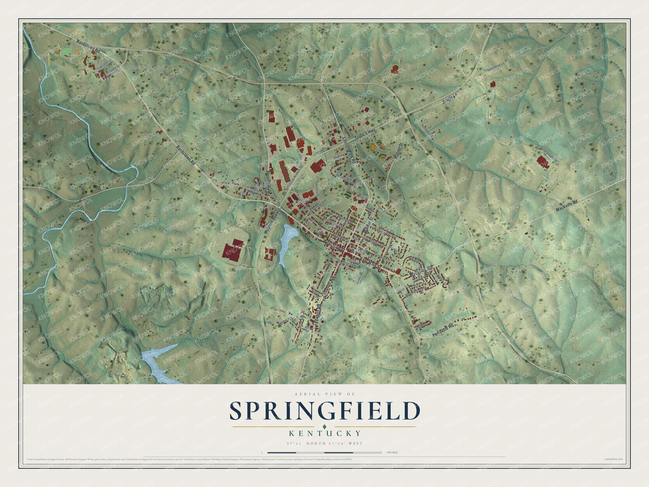 Full map of Springfield, Kentucky, with red buildings, printed street names and the land around them