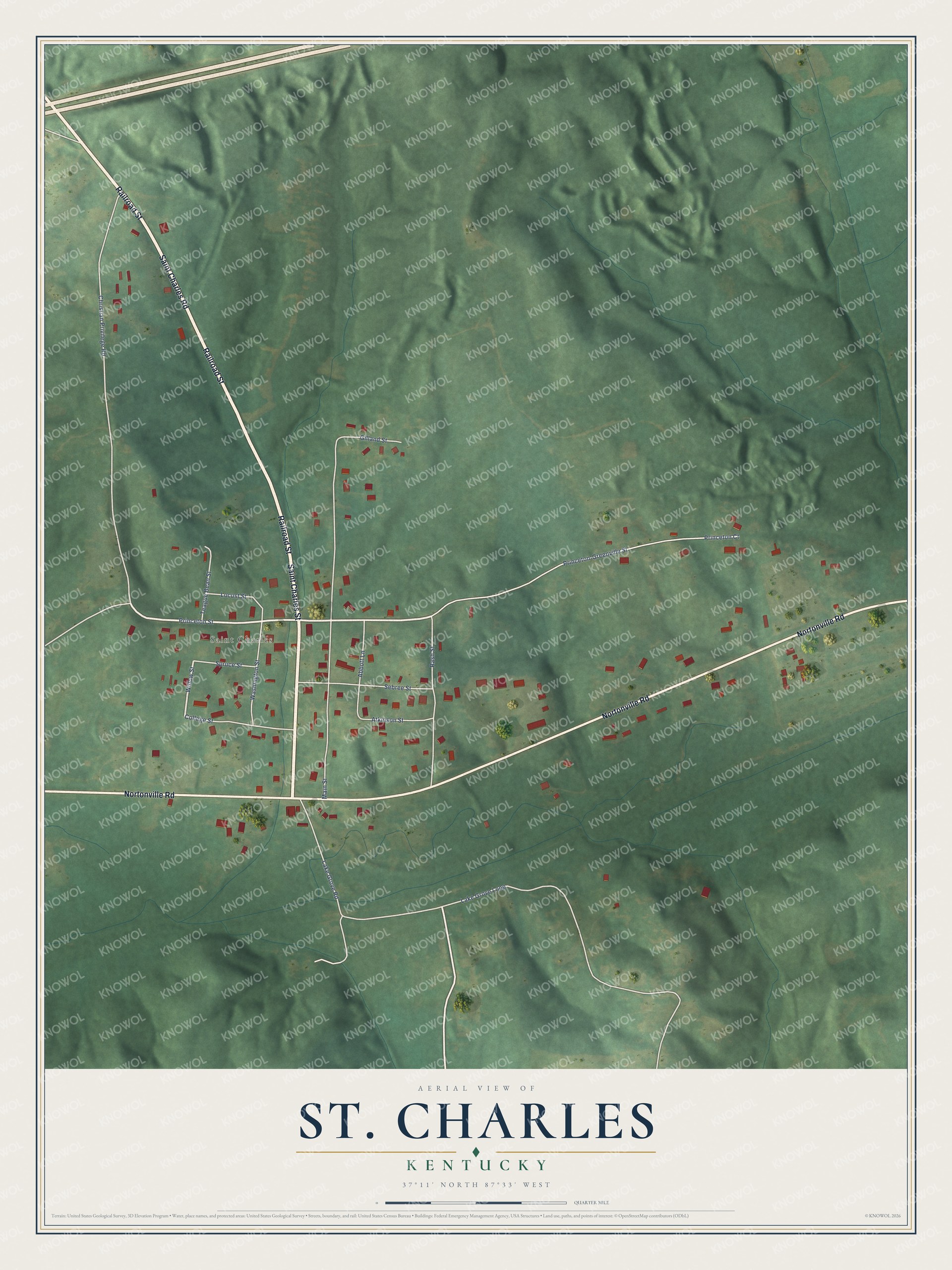 Full map of St. Charles, Kentucky, with red buildings, printed street names and the land around them