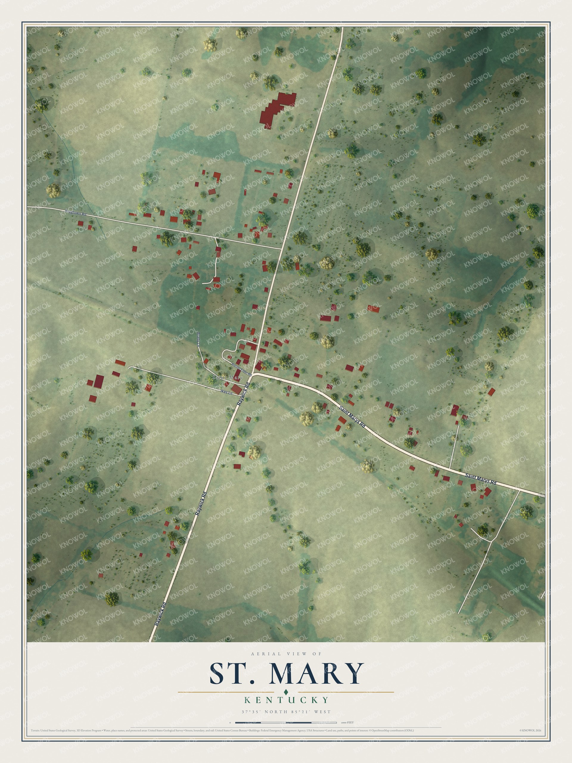 Full map of St. Mary, Kentucky, with red buildings, printed street names and the land around them