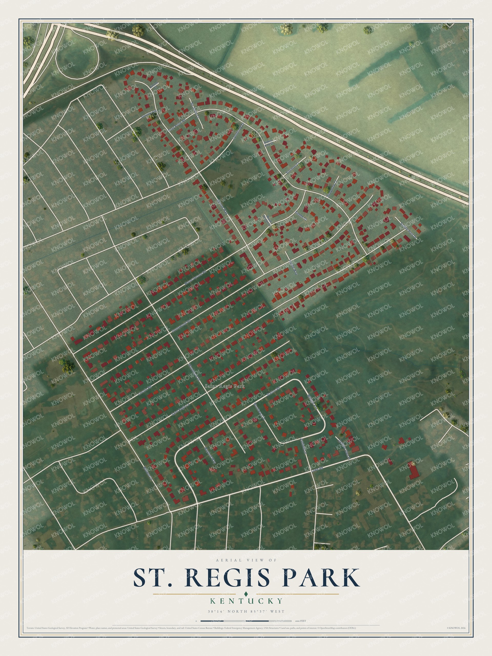Full map of St. Regis Park, Kentucky, with red buildings, printed street names and the land around them