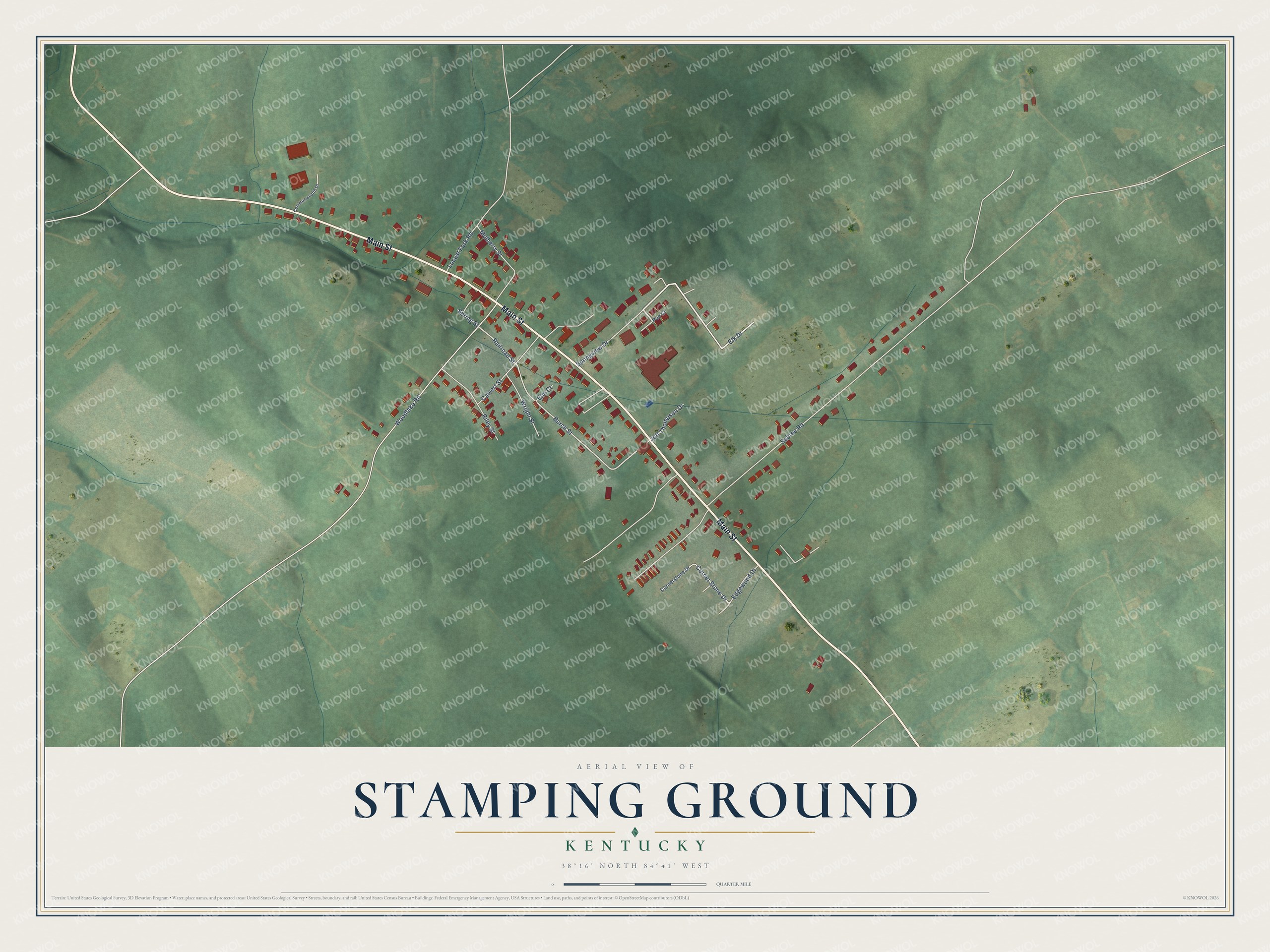 Full map of Stamping Ground, Kentucky, with red buildings, printed street names and the land around them