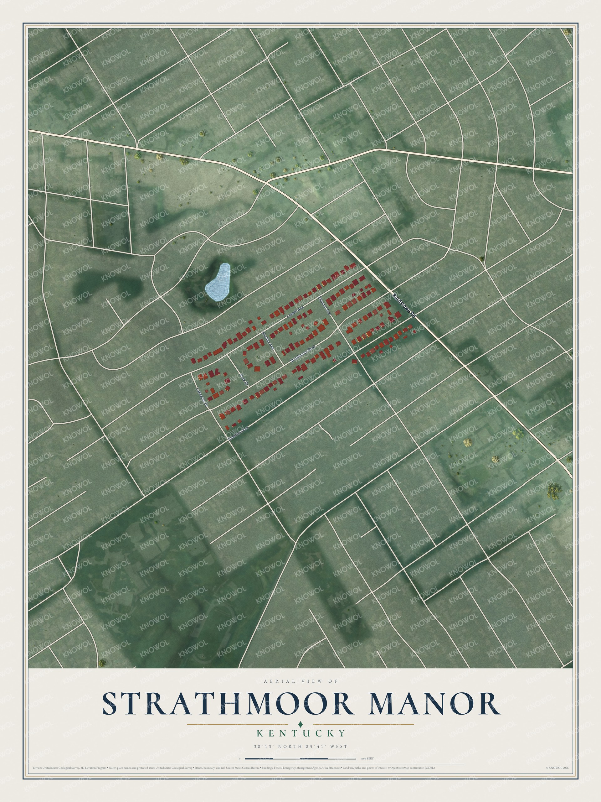 Full map of Strathmoor Manor, Kentucky, with red buildings, printed street names and the land around them