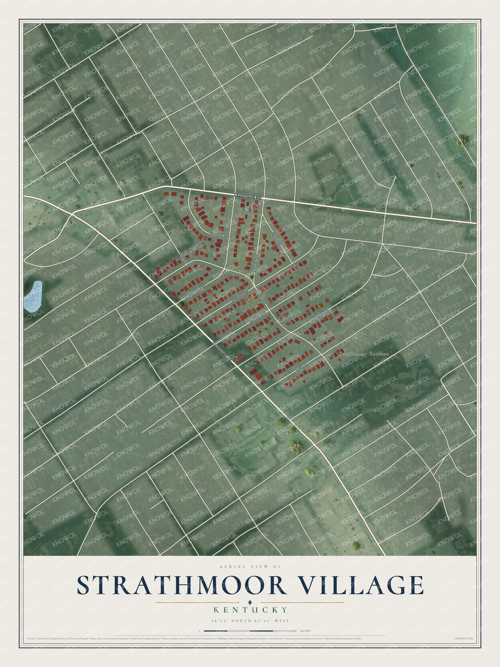 Full map of Strathmoor Village, Kentucky, with red buildings, printed street names and the land around them