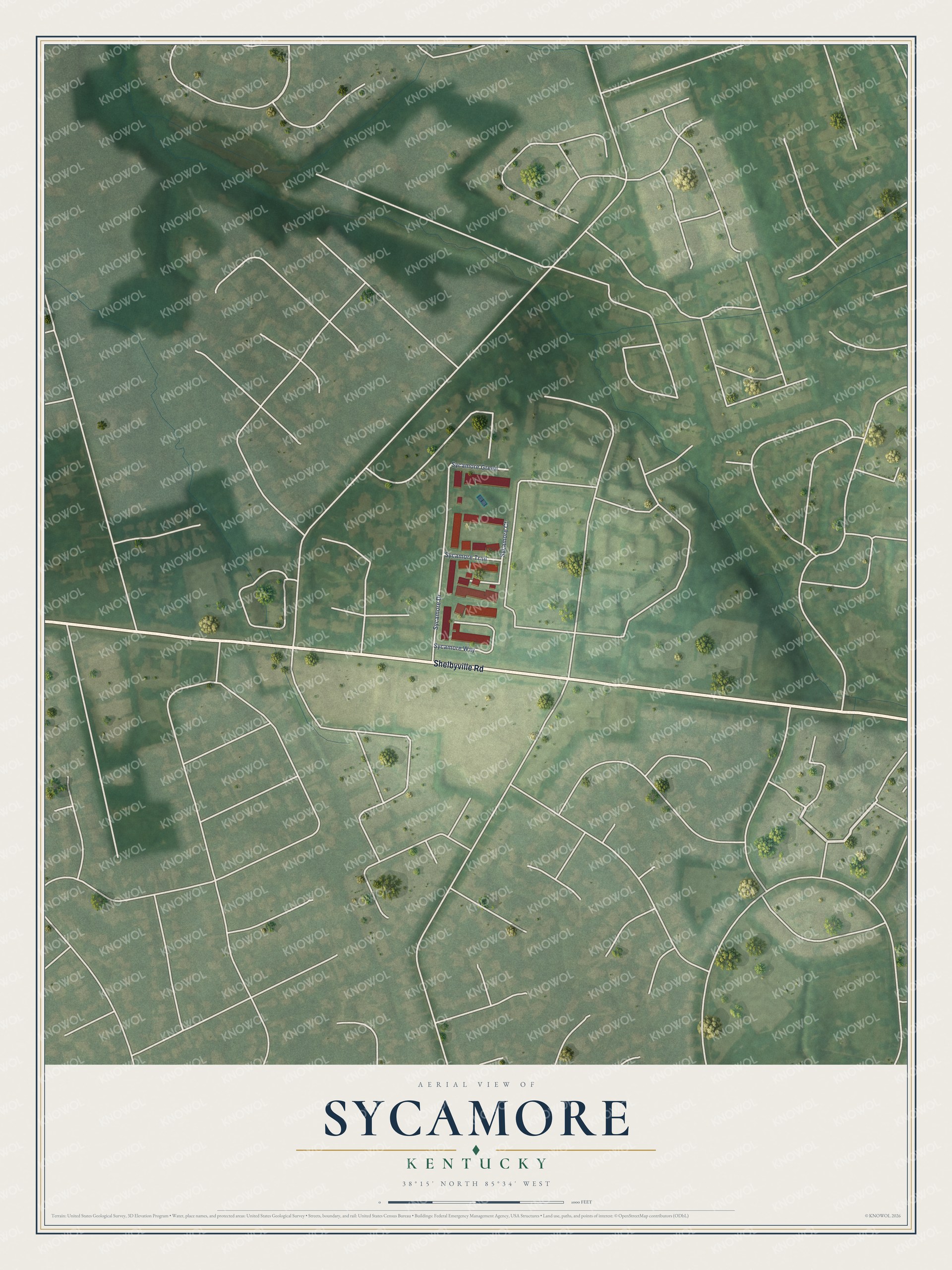 Full map of Sycamore, Kentucky, with red buildings, printed street names and the land around them