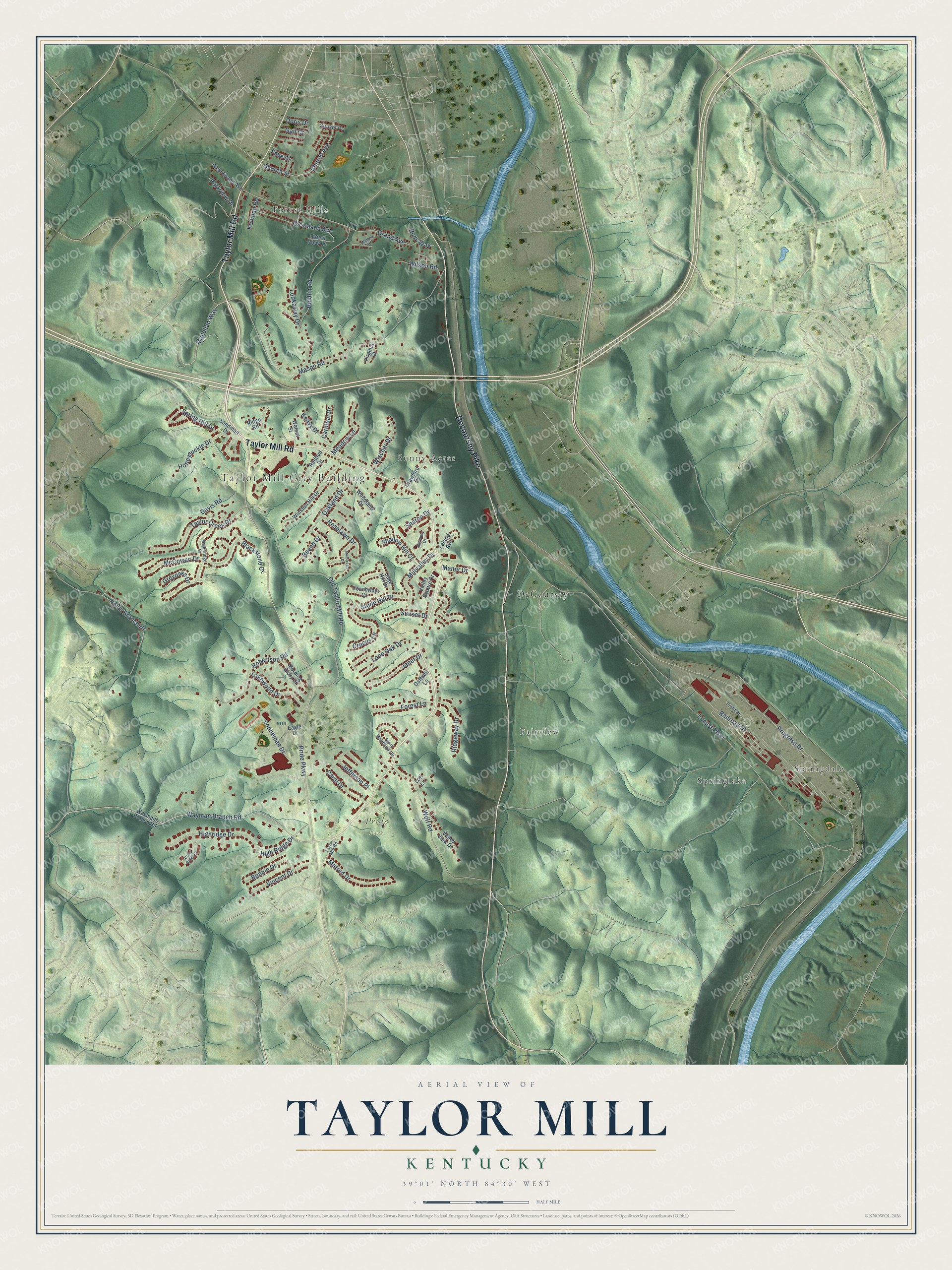 Full map of Taylor Mill, Kentucky, with red buildings, printed street names and the land around them