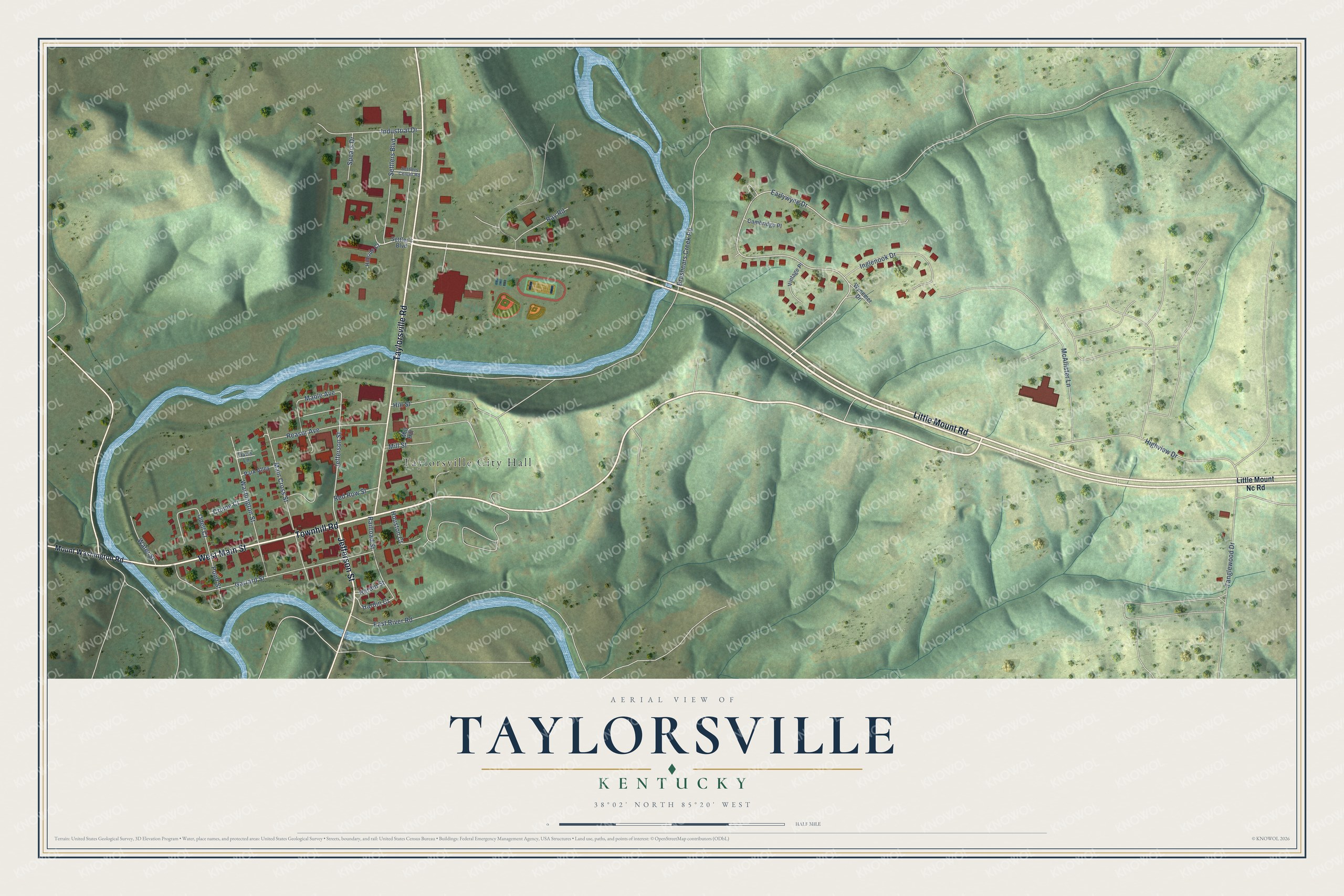 Full map of Taylorsville, Kentucky, with red buildings, printed street names and the land around them