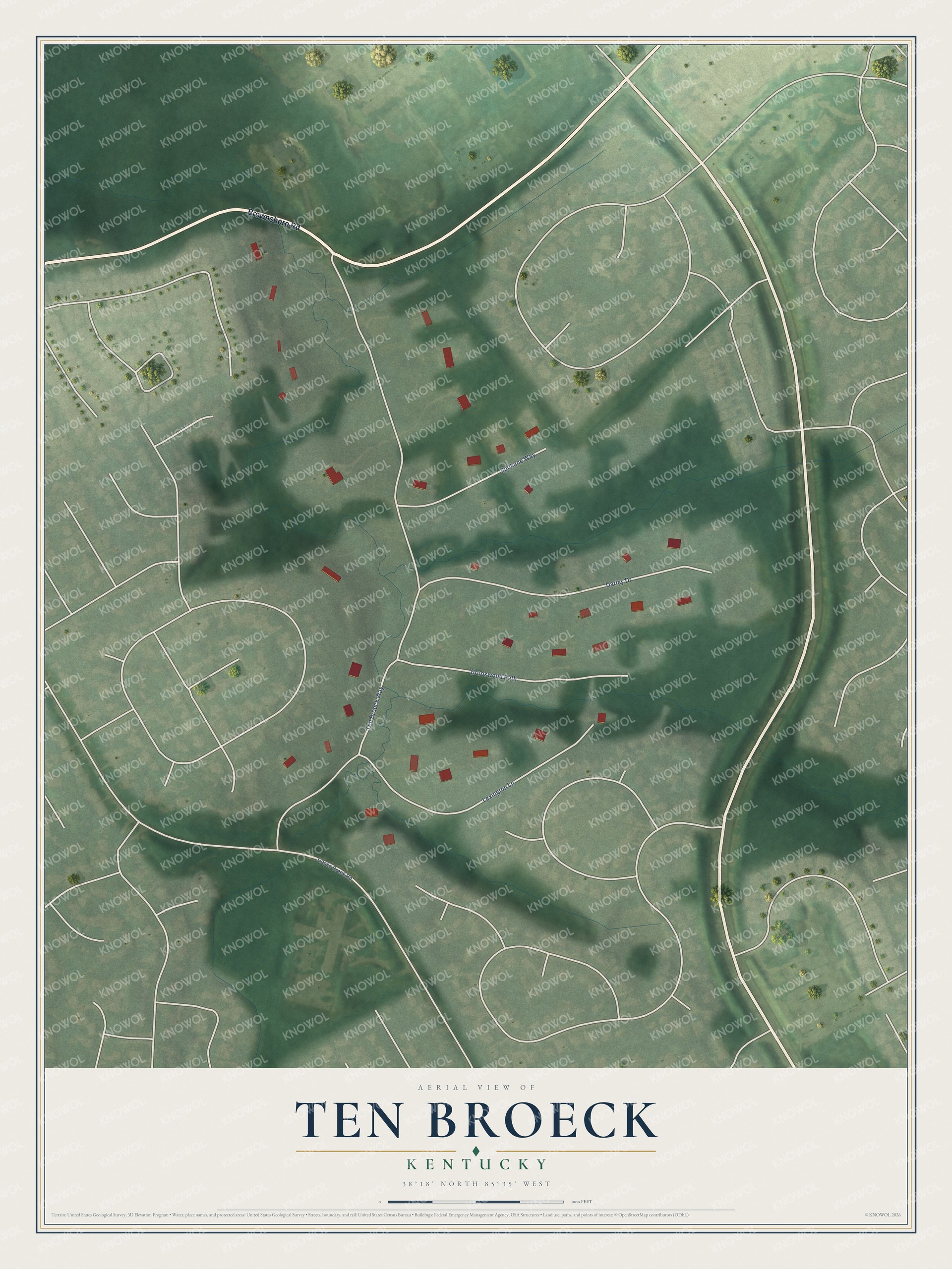 Full map of Ten Broeck, Kentucky, with red buildings, printed street names and the land around them