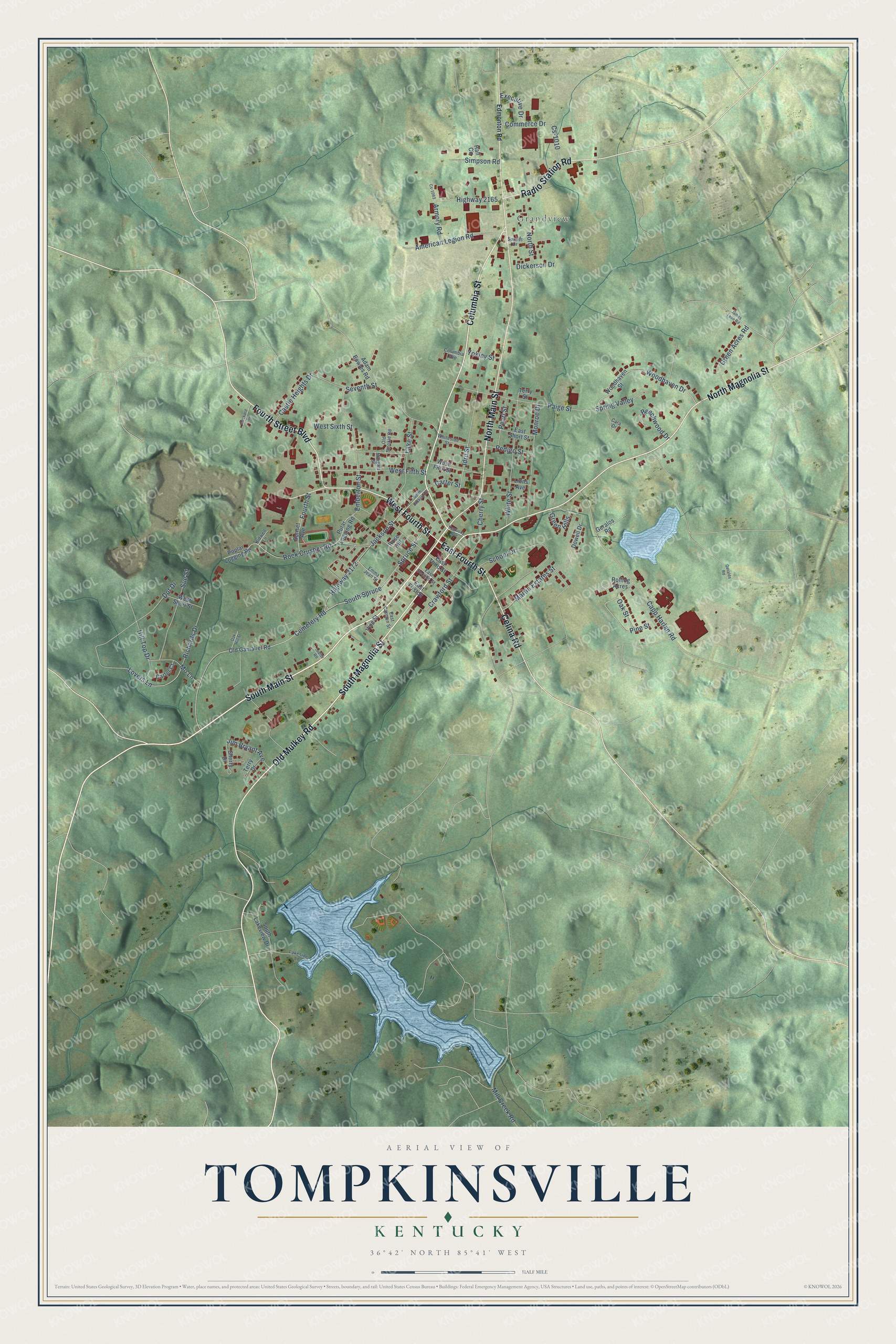 Full map of Tompkinsville, Kentucky, with red buildings, printed street names and the land around them