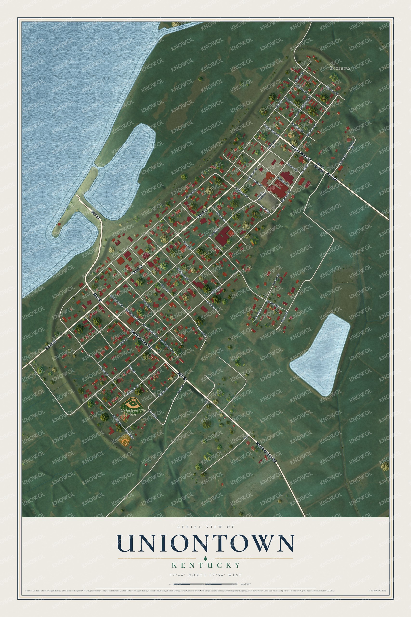 Full map of Uniontown, Kentucky, with red buildings, printed street names and the land around them