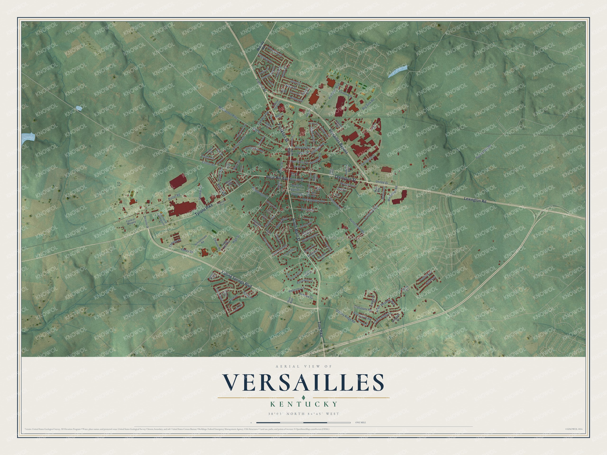 Full map of Versailles, Kentucky, with red buildings, printed street names and the land around them