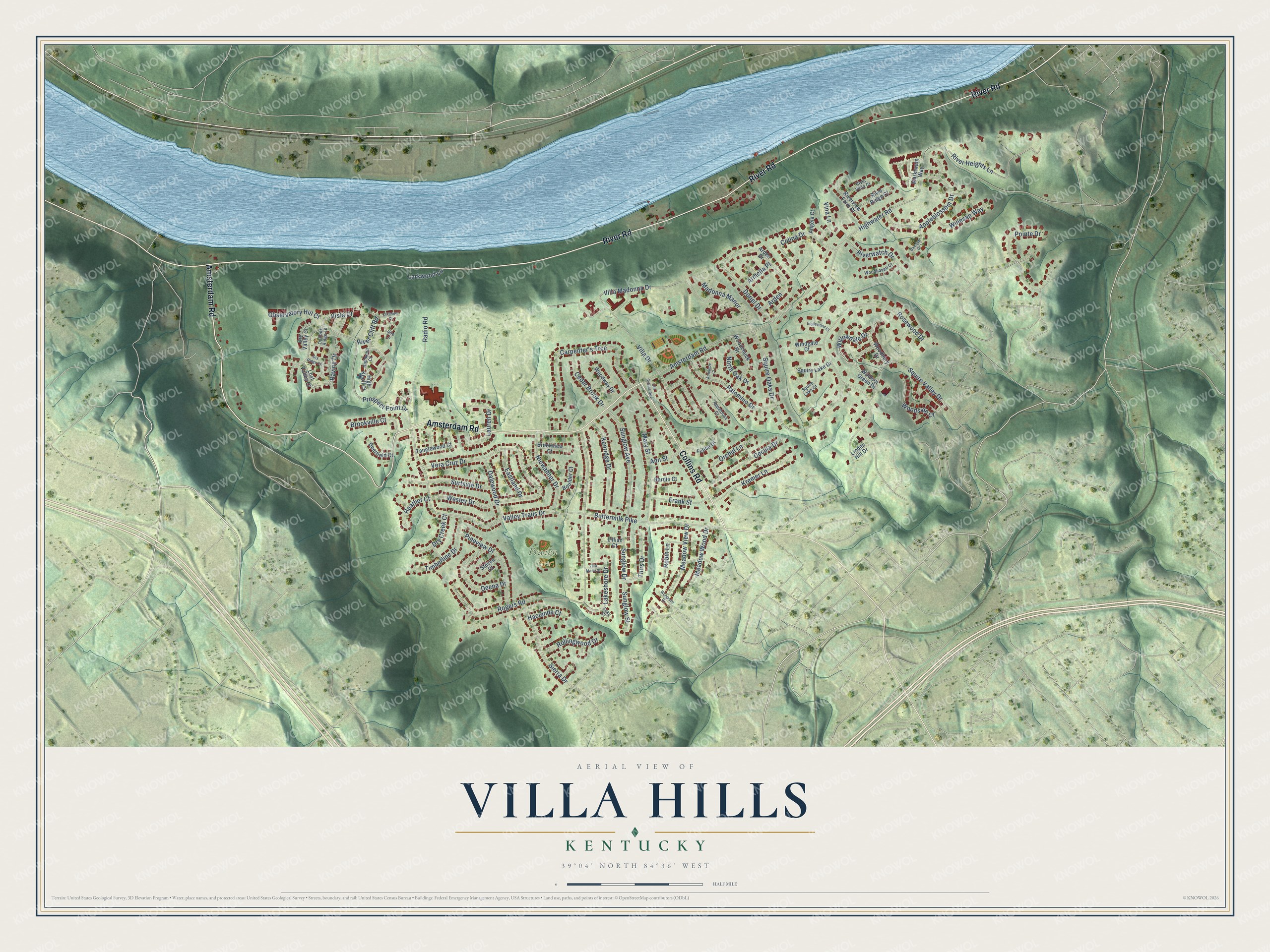 Full map of Villa Hills, Kentucky, with red buildings, printed street names and the land around them