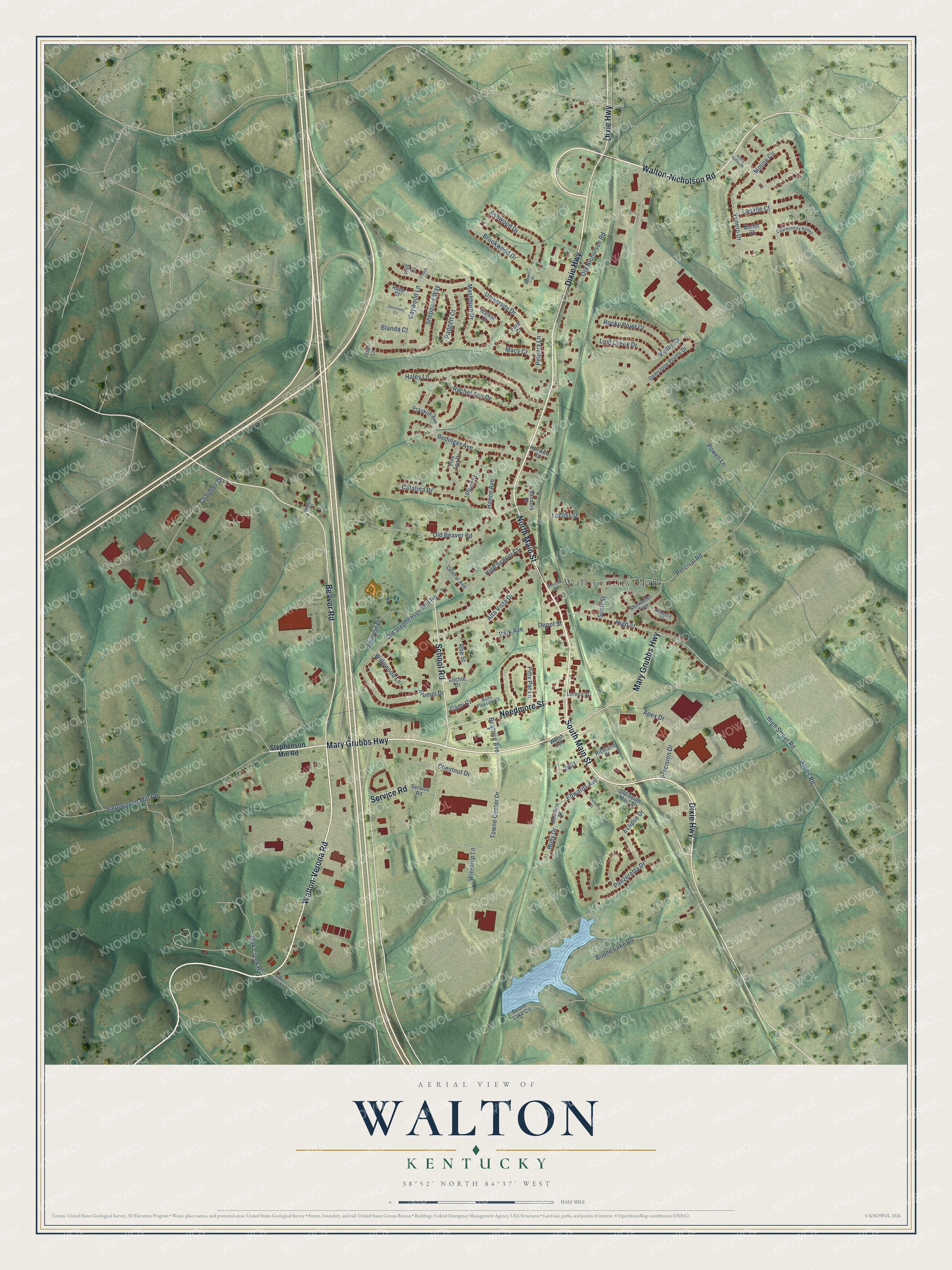 Full map of Walton, Kentucky, with red buildings, printed street names and the land around them